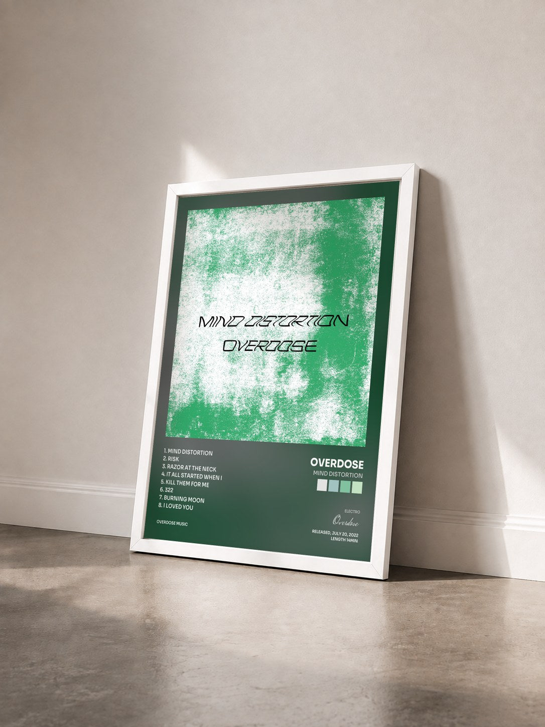 #blanc Tableau de l'album Mind Distortion de Overdose vu de trois quarts, cadre blanc