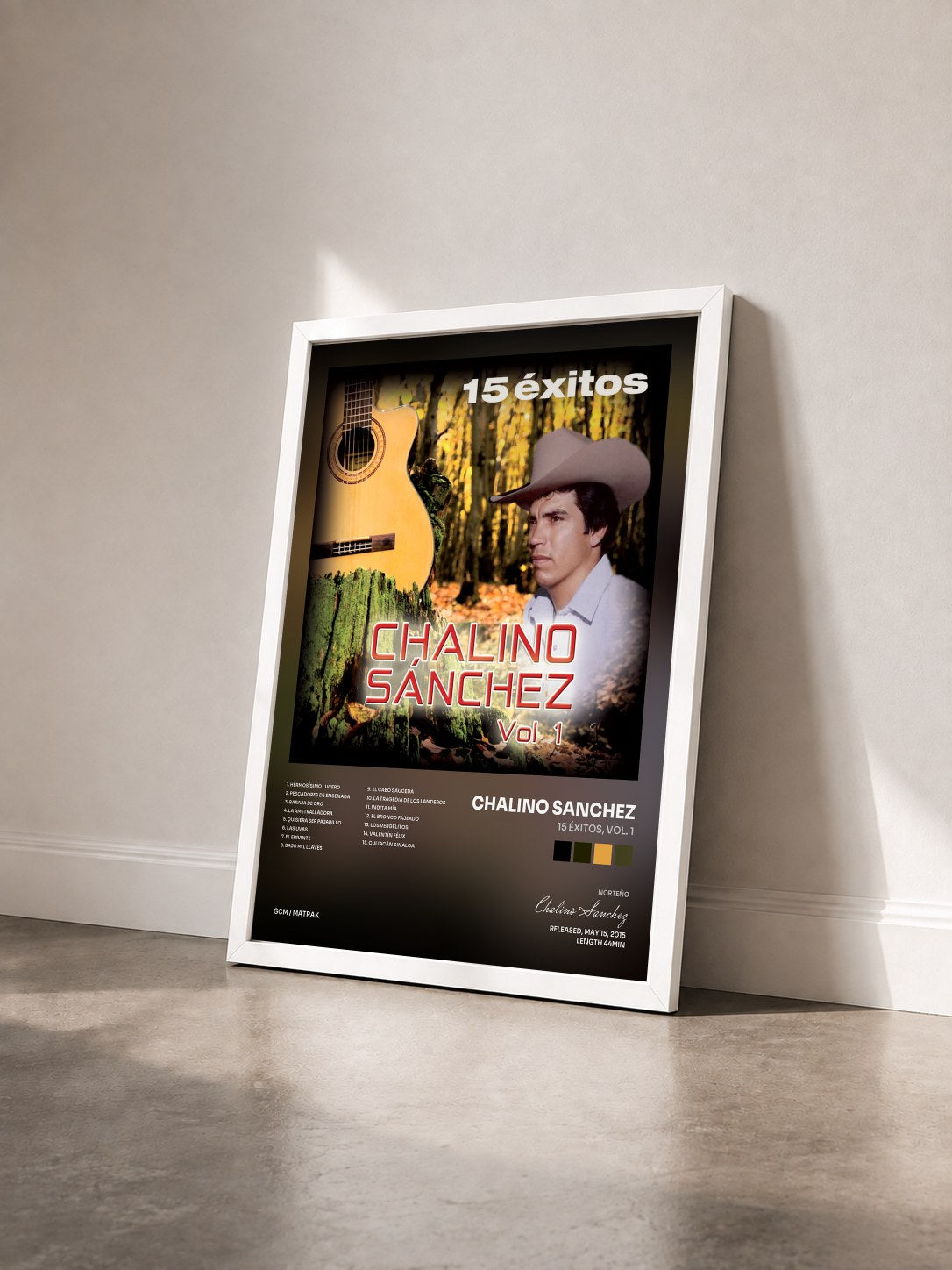 #blanc Tableau de l'album 15 Éxitos, Vol. 1 de Chalino Sanchez vu de trois quarts, cadre blanc