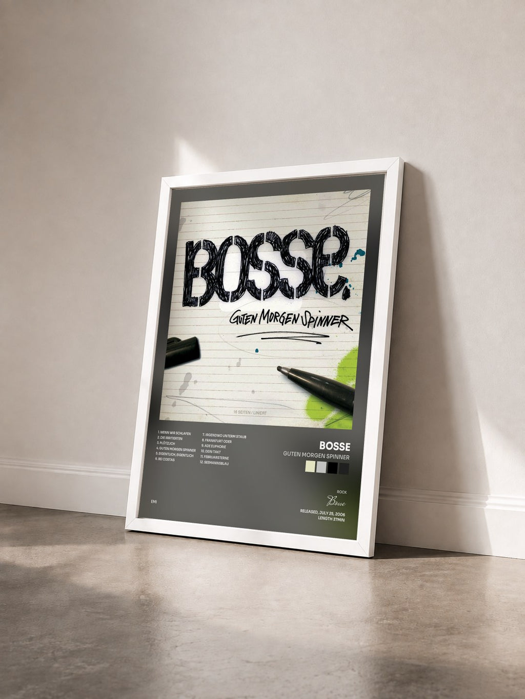 #blanc Tableau de l'album Guten Morgen Spinner de Bosse vu de trois quarts, cadre blanc