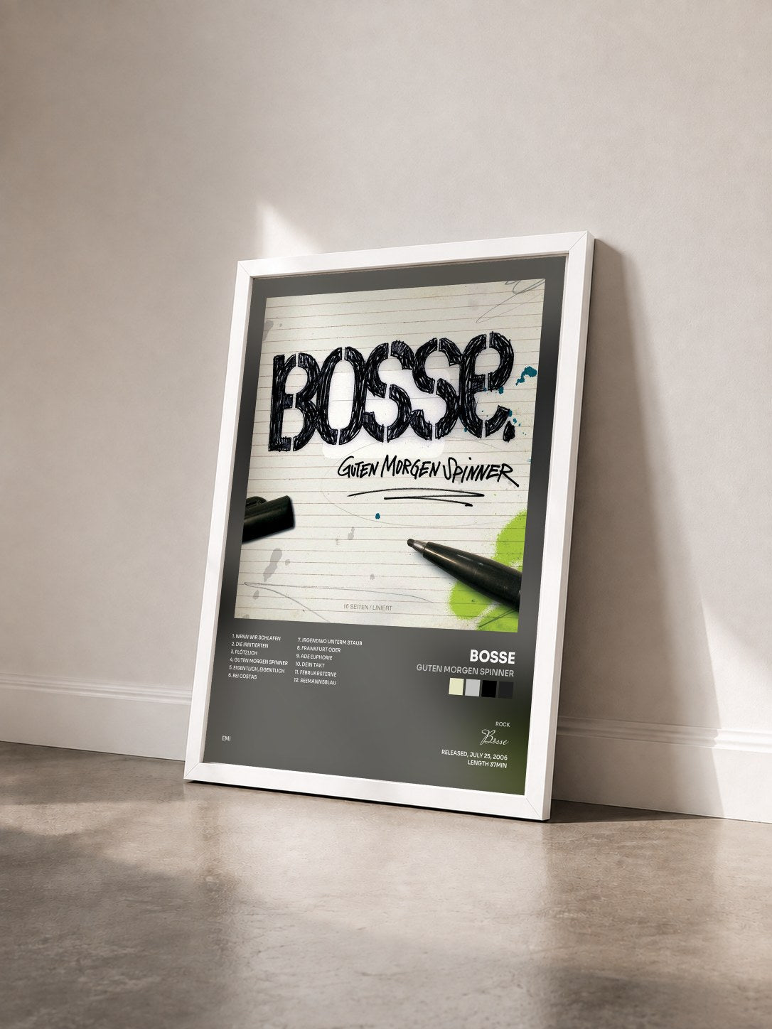 #blanc Tableau de l'album Guten Morgen Spinner de Bosse vu de trois quarts, cadre blanc
