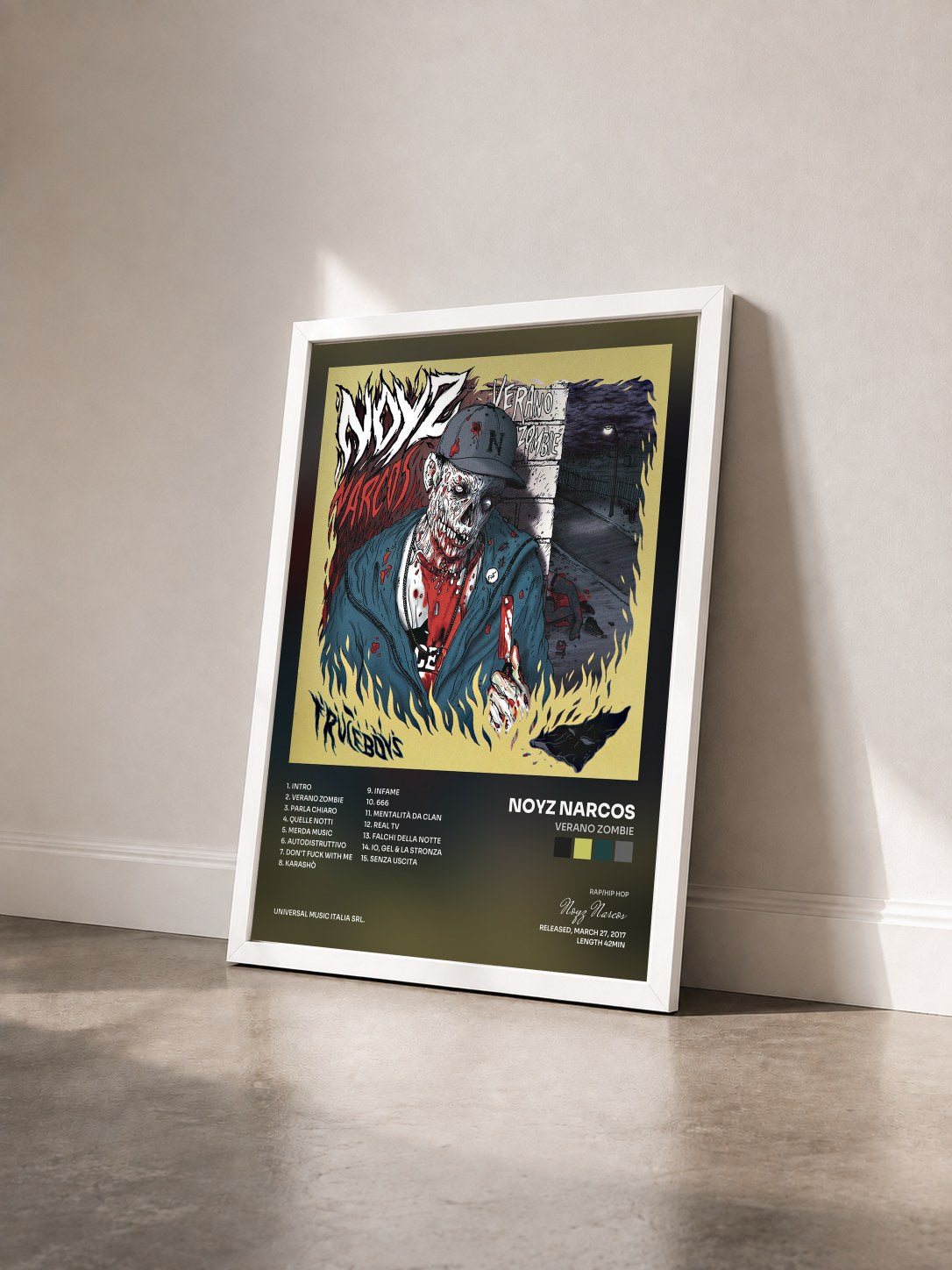 #blanc Tableau de l'album Verano Zombie de Noyz Narcos vu de trois quarts, cadre blanc