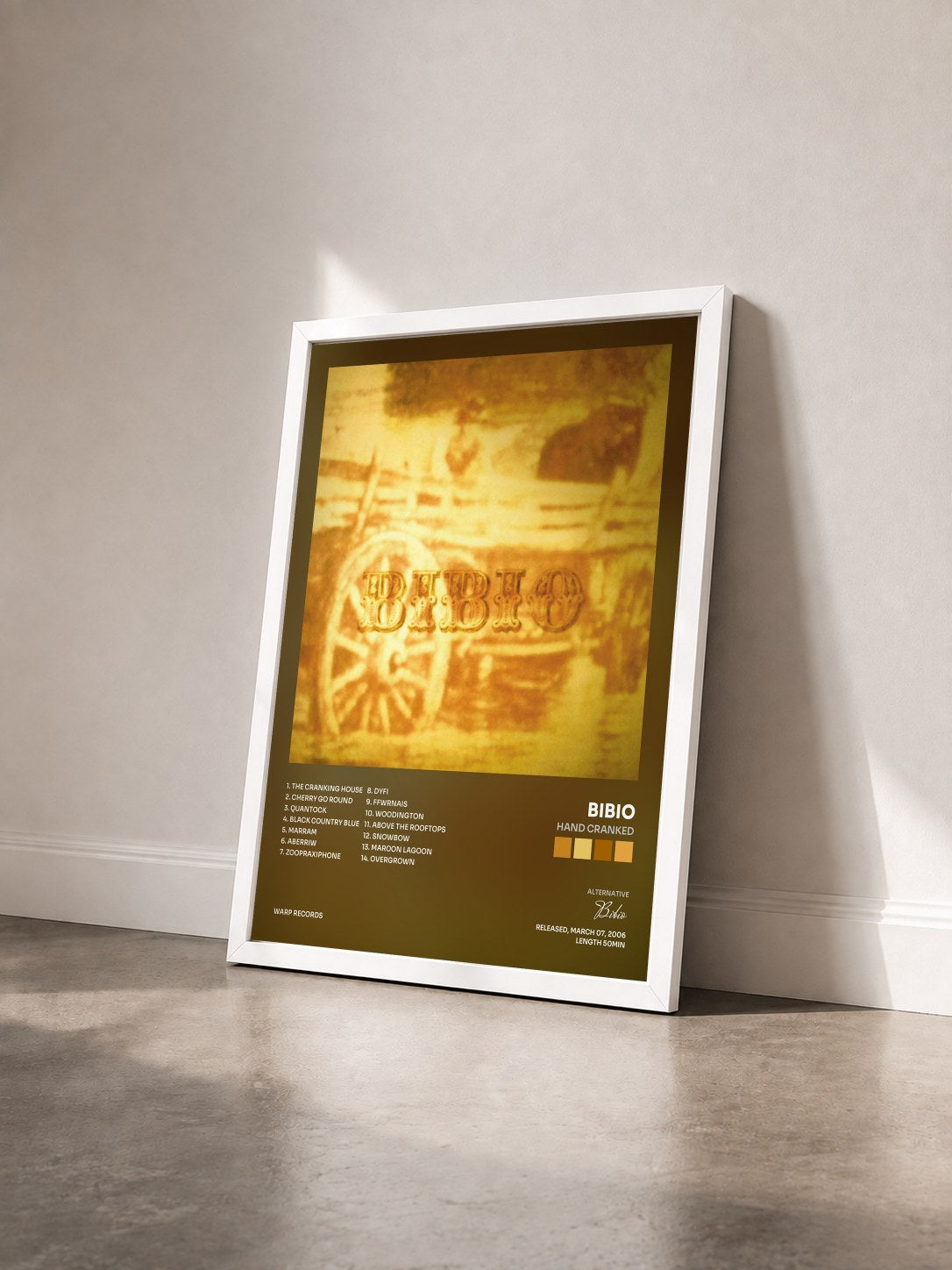 #blanc Tableau de l'album Hand Cranked de Bibio vu de trois quarts, cadre blanc