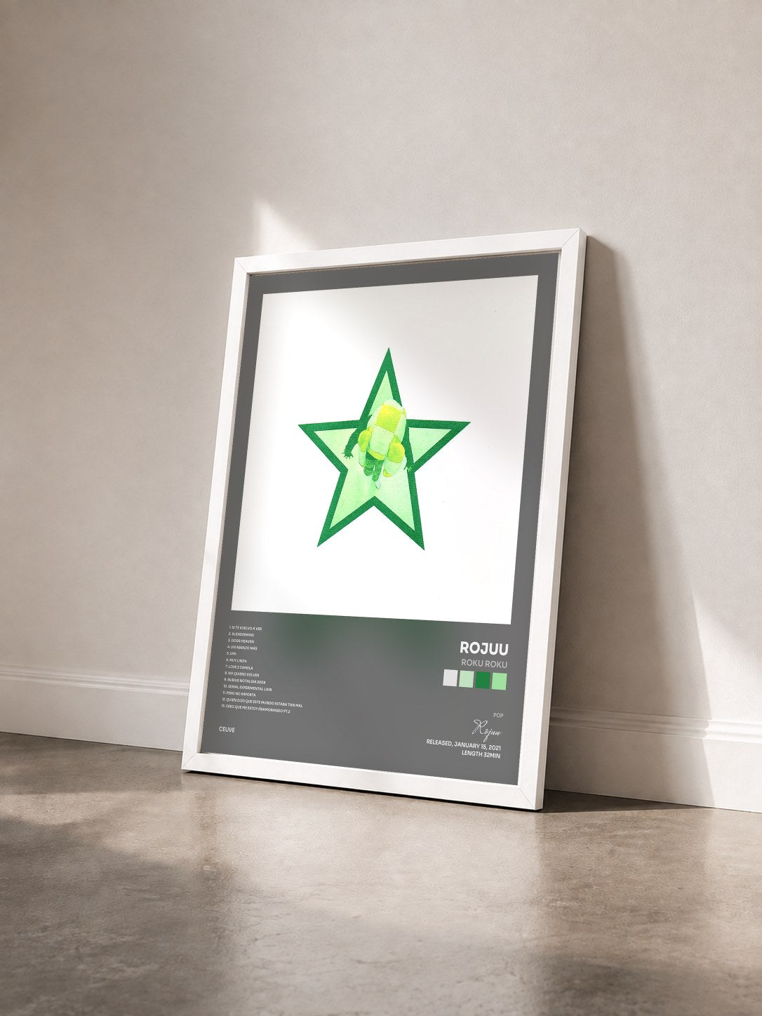 #blanc Tableau de l'album Roku Roku de Rojuu vu de trois quarts, cadre blanc