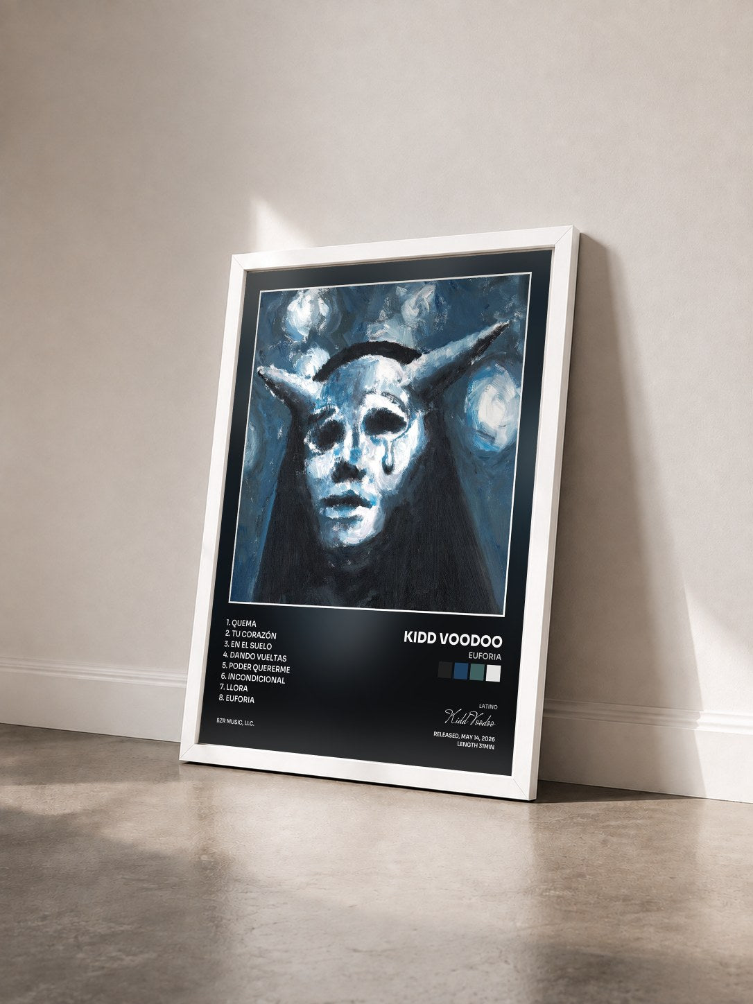 #blanc Tableau de l'album Euforia de Kidd Voodoo vu de trois quarts, cadre blanc