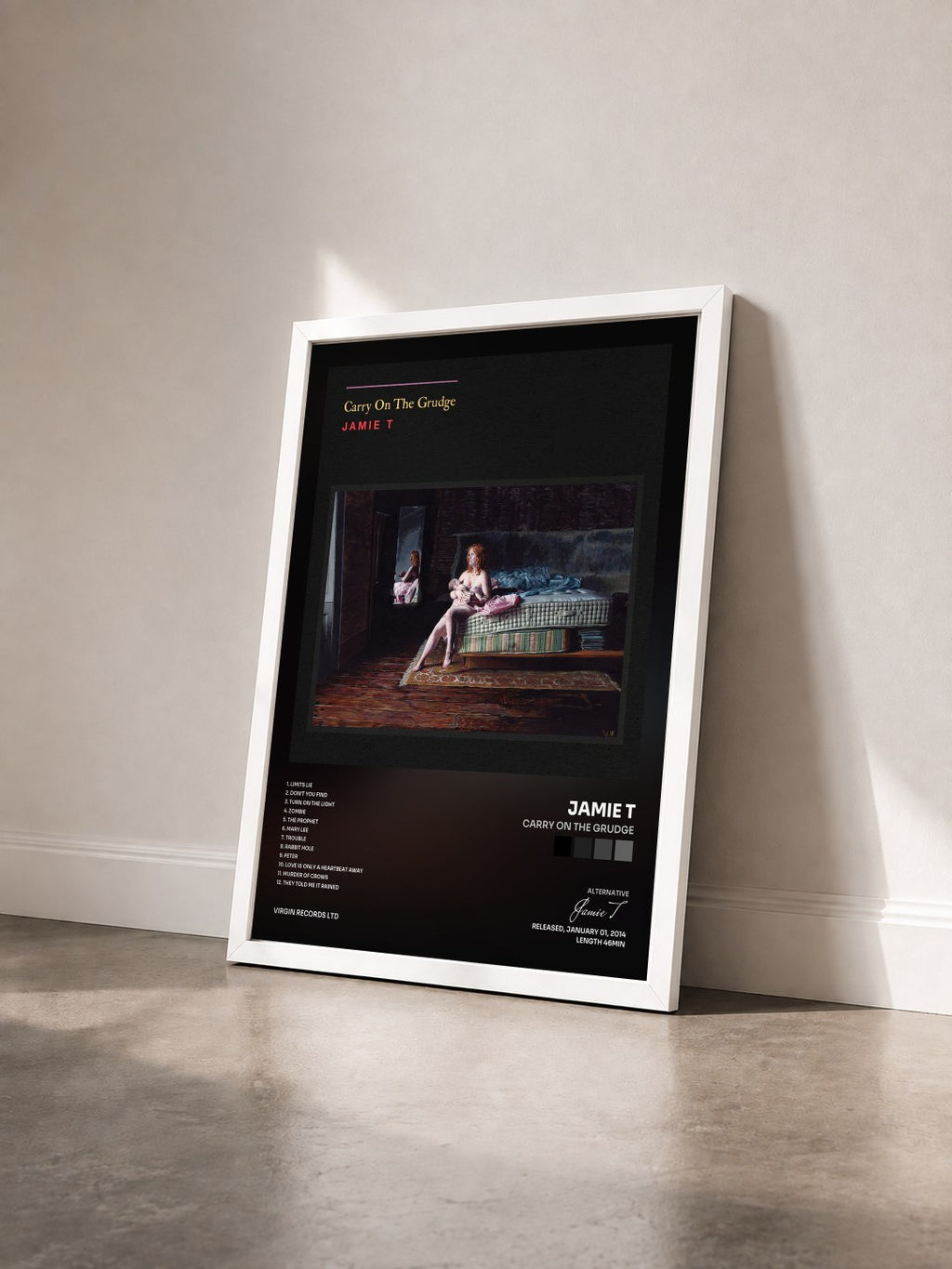 #blanc Tableau de l'album Carry On The Grudge de Jamie T vu de trois quarts, cadre blanc