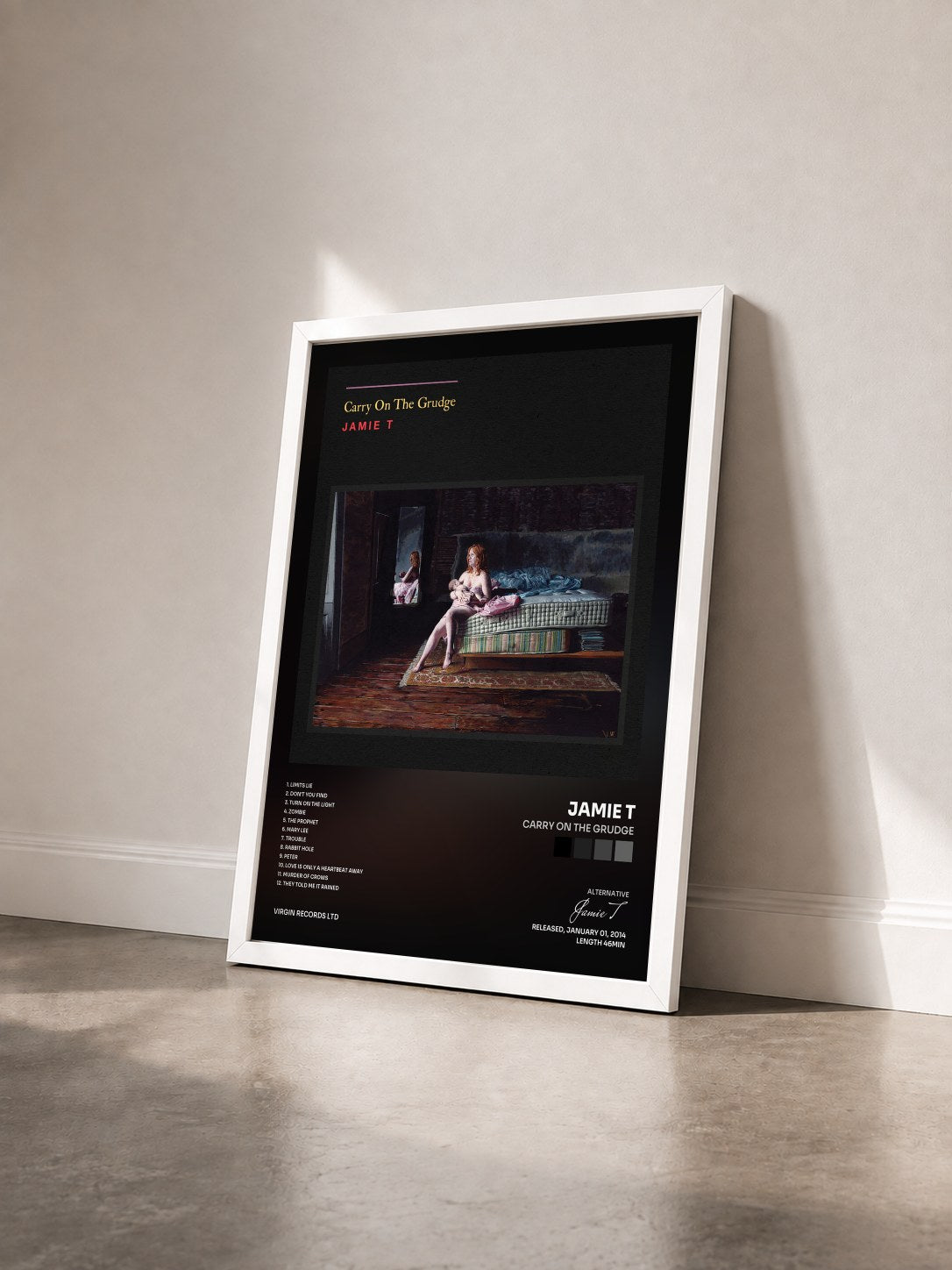 #blanc Tableau de l'album Carry On The Grudge de Jamie T vu de trois quarts, cadre blanc