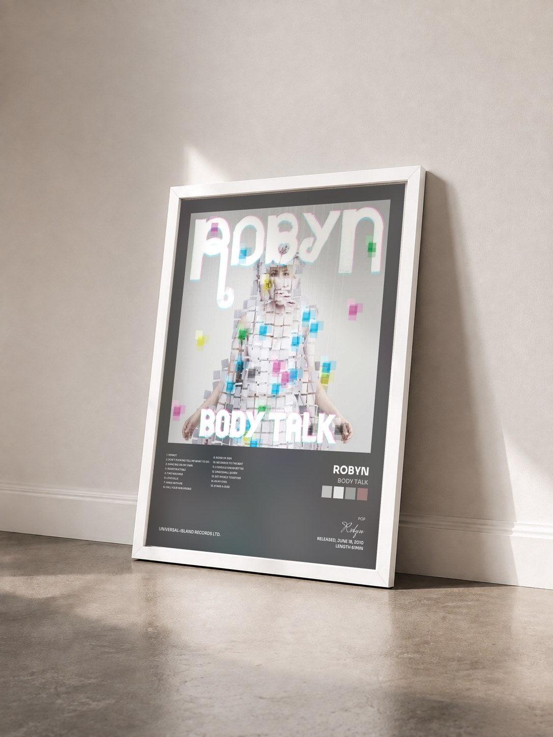 #blanc Tableau de l'album Body Talk de Robyn vu de trois quarts, cadre blanc