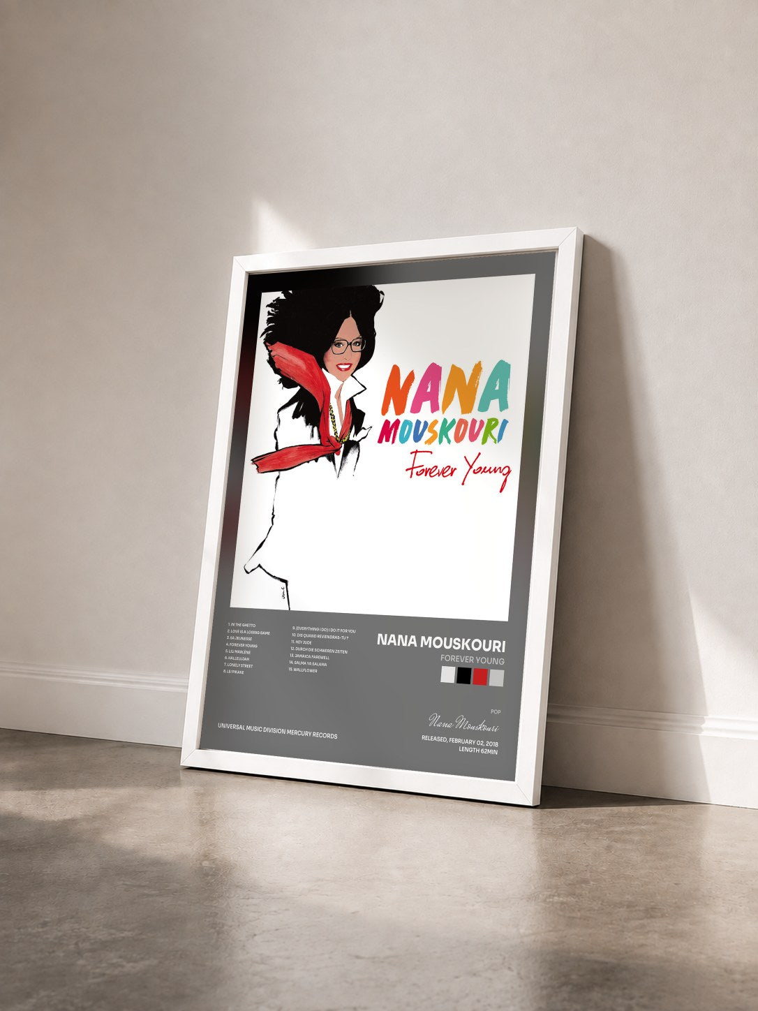 #blanc Tableau de l'album Forever Young de Nana Mouskouri vu de trois quarts, cadre blanc