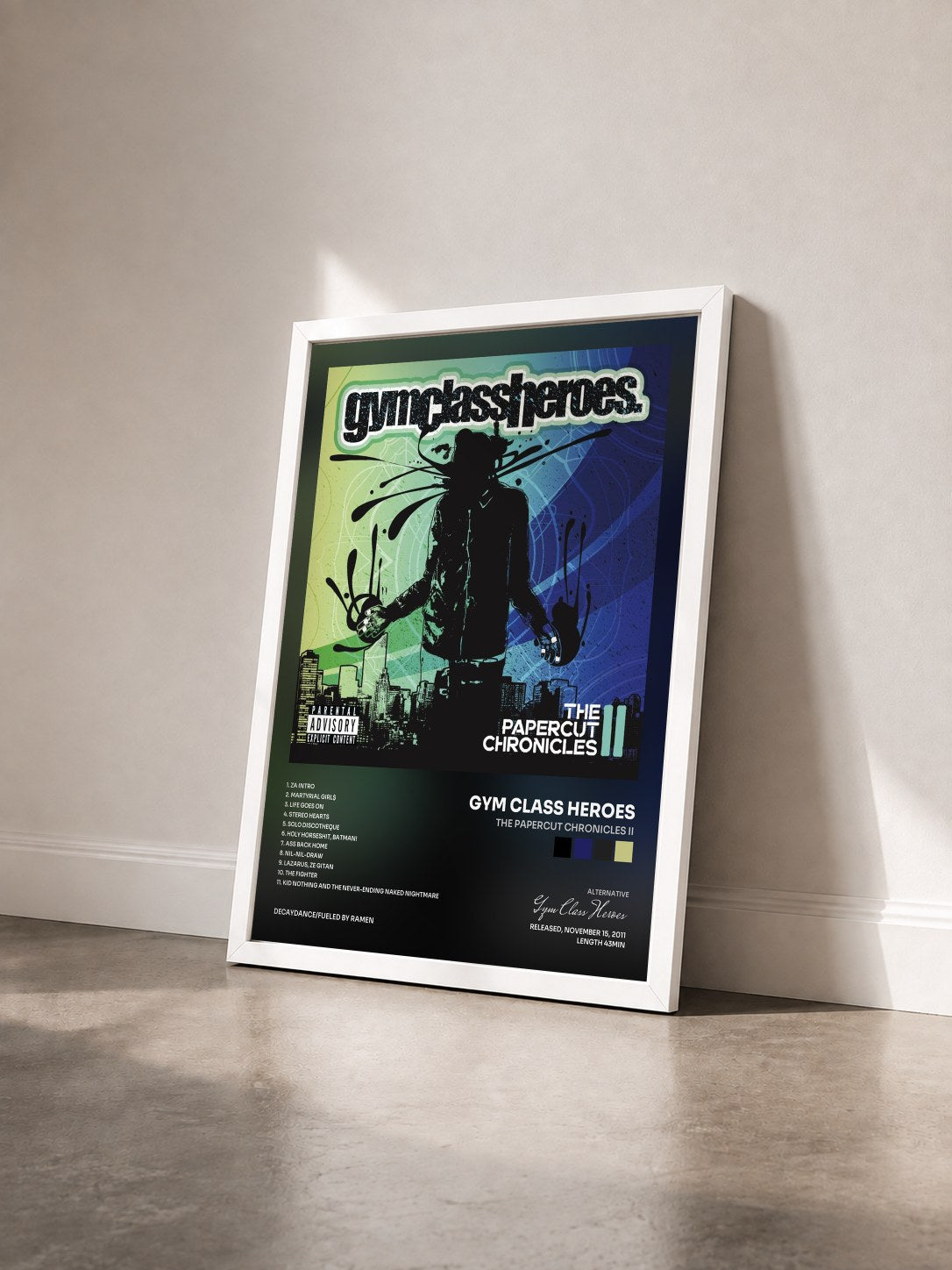 #blanc Tableau de l'album The Papercut Chronicles II de Gym Class Heroes vu de trois quarts, cadre blanc