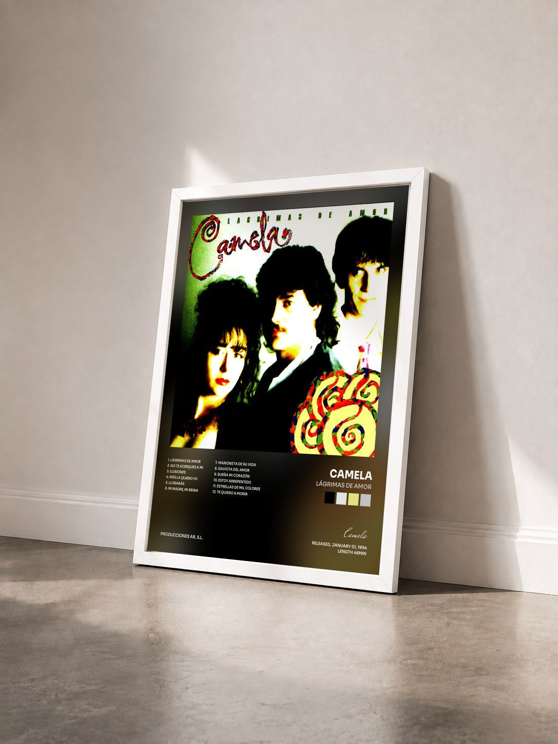 #blanc Tableau de l'album Lágrimas de Amor de Camela vu de trois quarts, cadre blanc
