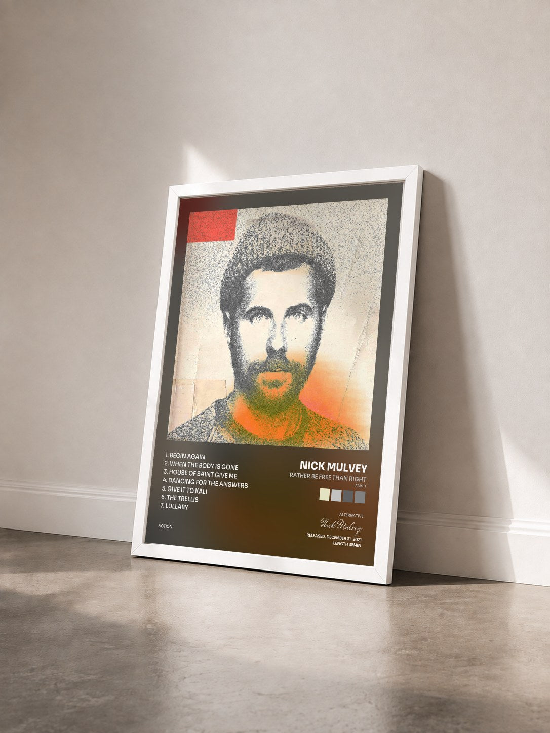 #blanc Tableau de l'album Rather Be Free Than Right (Part 1) de Nick Mulvey vu de trois quarts, cadre blanc