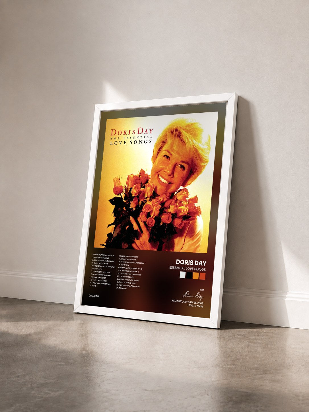 #blanc Tableau de l'album Essential Love Songs de Doris Day vu de trois quarts, cadre blanc