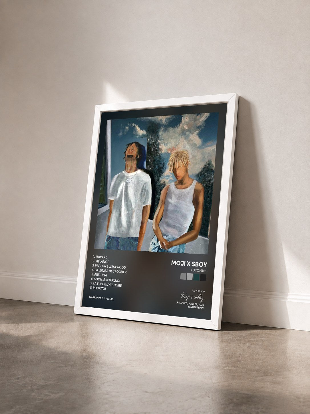 #blanc Tableau de l'album AUTOMNE de Moji x Sboy vu de trois quarts, cadre blanc