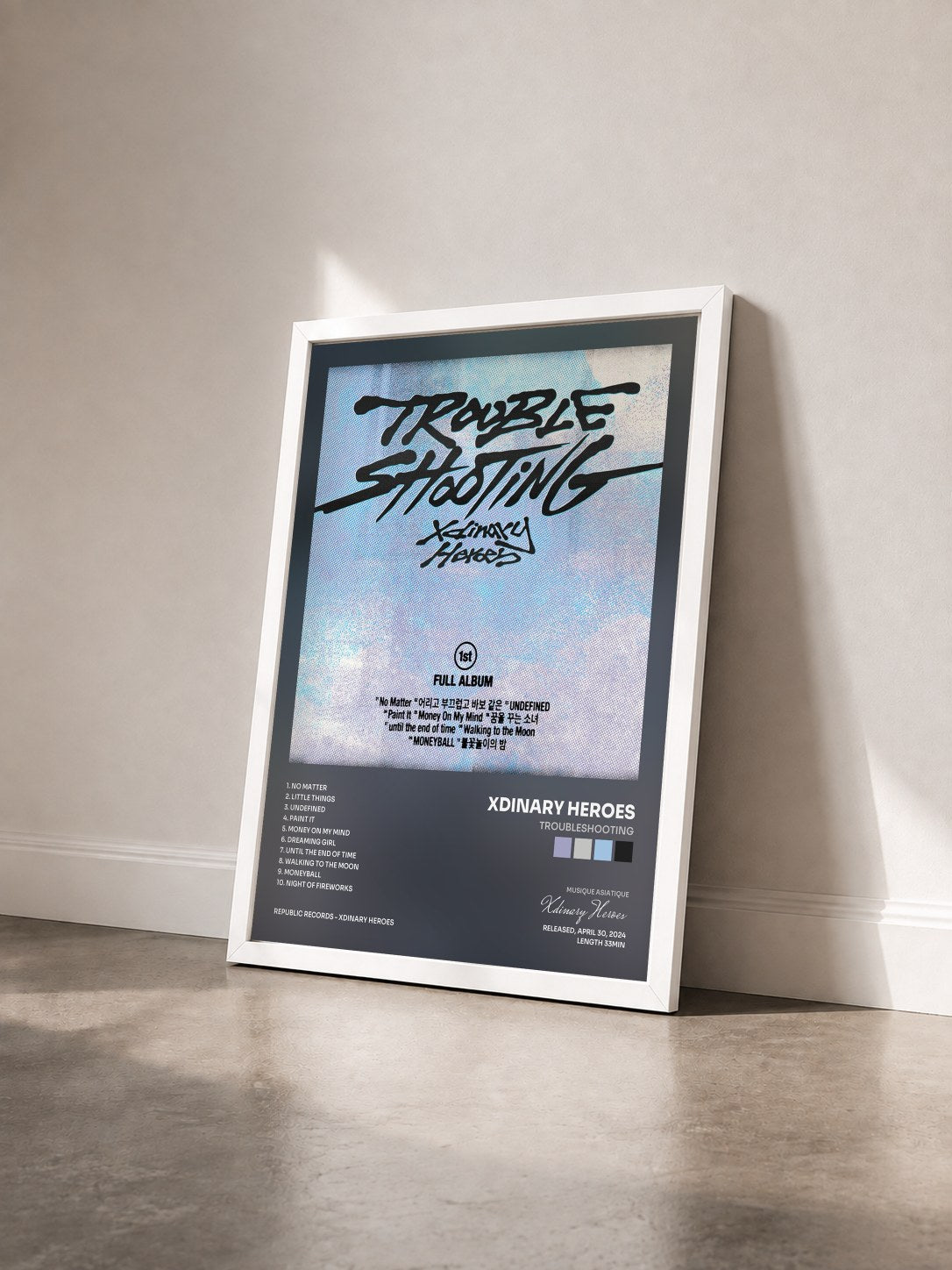 #blanc Tableau de l'album Troubleshooting de Xdinary Heroes vu de trois quarts, cadre blanc