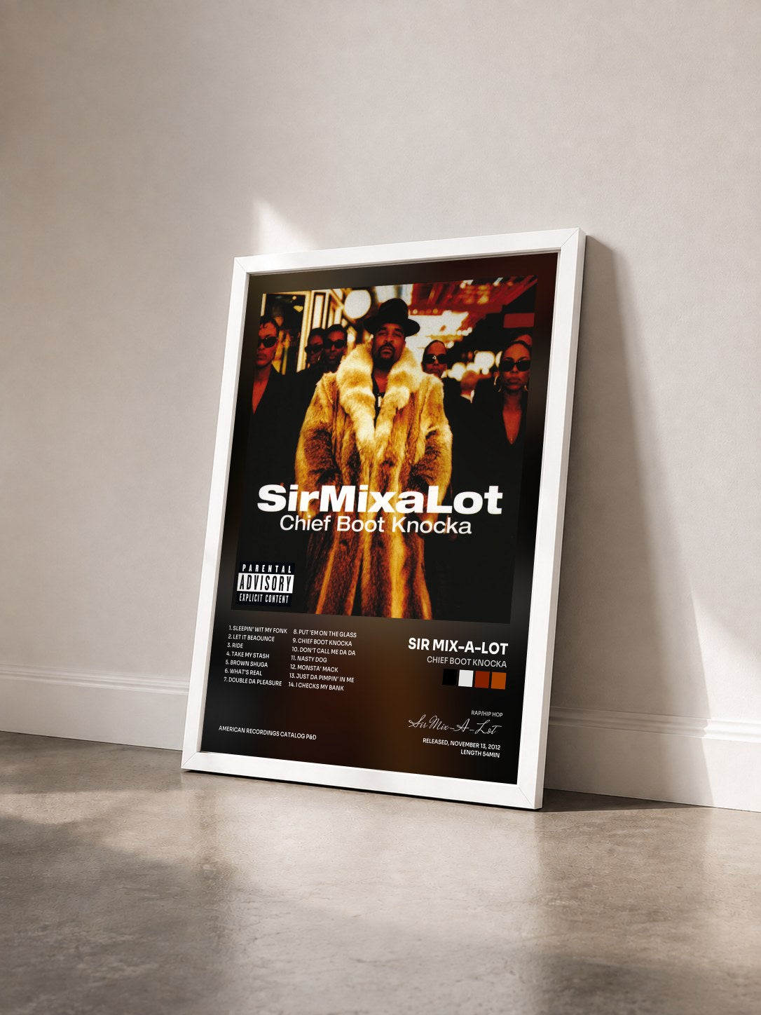 #blanc Tableau de l'album Chief Boot Knocka de Sir Mix-A-Lot vu de trois quarts, cadre blanc