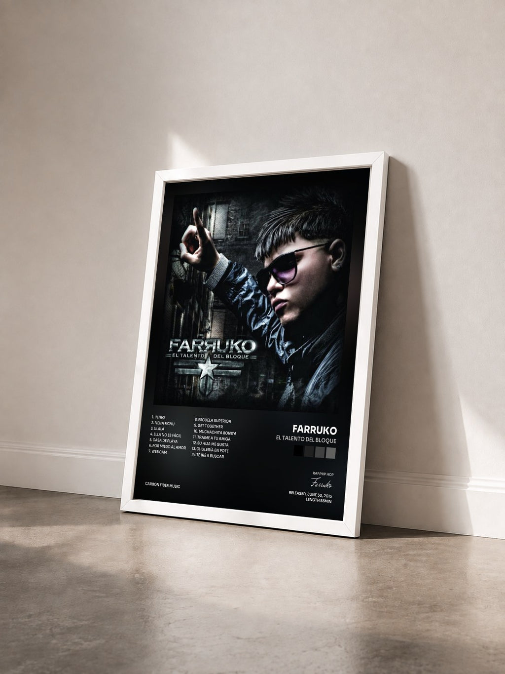 #blanc Tableau de l'album El Talento del Bloque de Farruko vu de trois quarts, cadre blanc