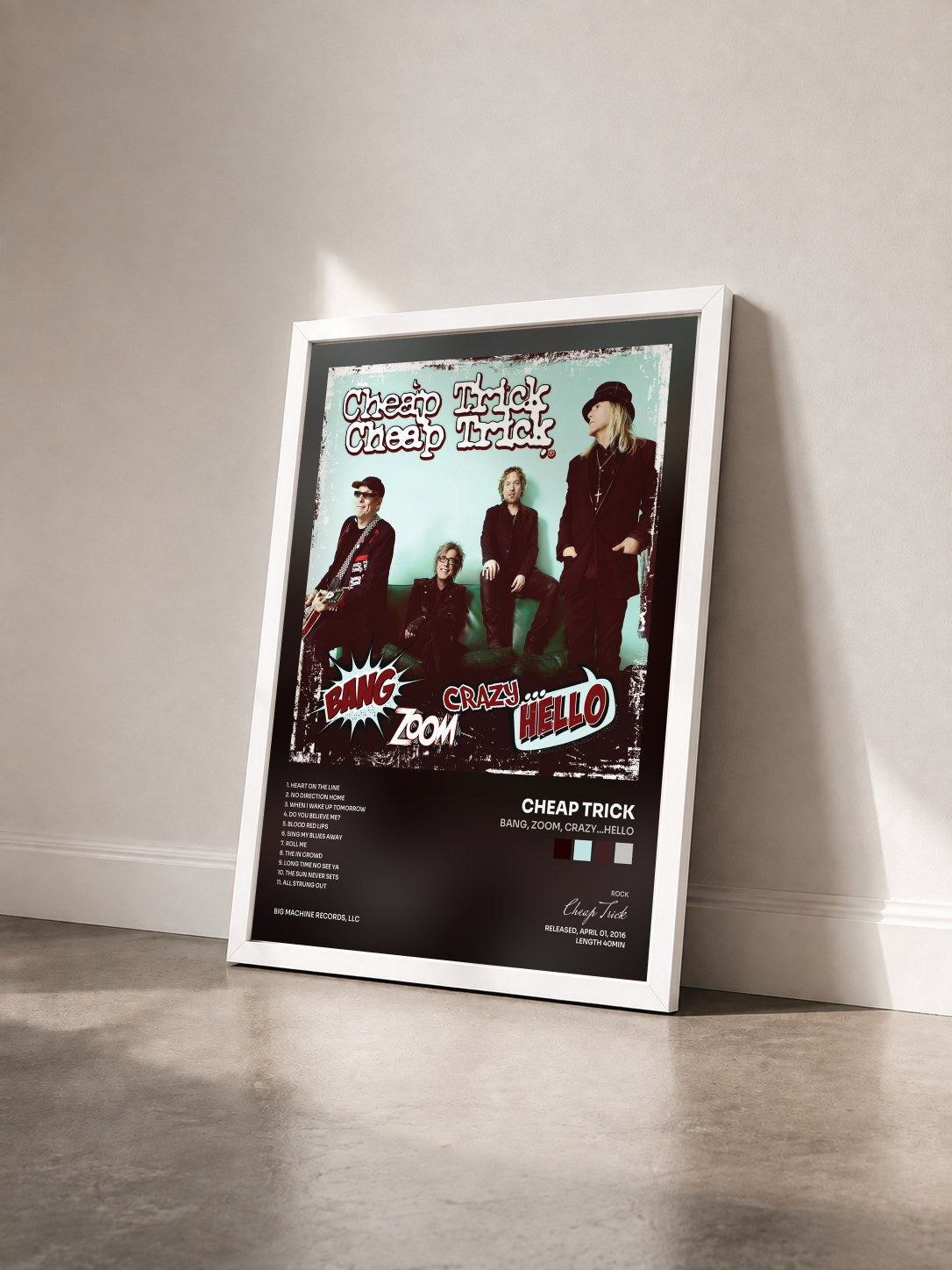 #blanc Tableau de l'album Bang, Zoom, Crazy…Hello de Cheap Trick vu de trois quarts, cadre blanc