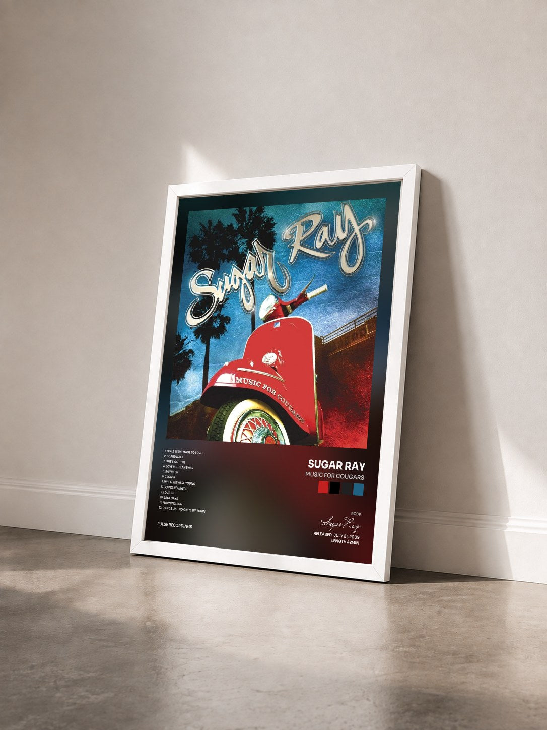 #blanc Tableau de l'album Music for Cougars de Sugar Ray vu de trois quarts, cadre blanc