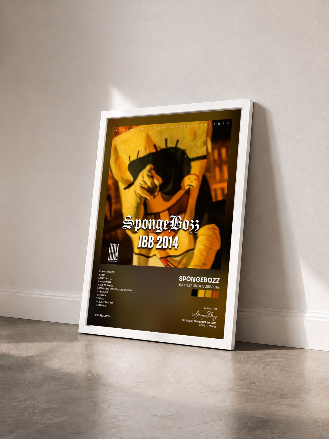 #blanc Tableau de l'album Battlerunden JBB2014 de SpongeBozz vu de trois quarts, cadre blanc