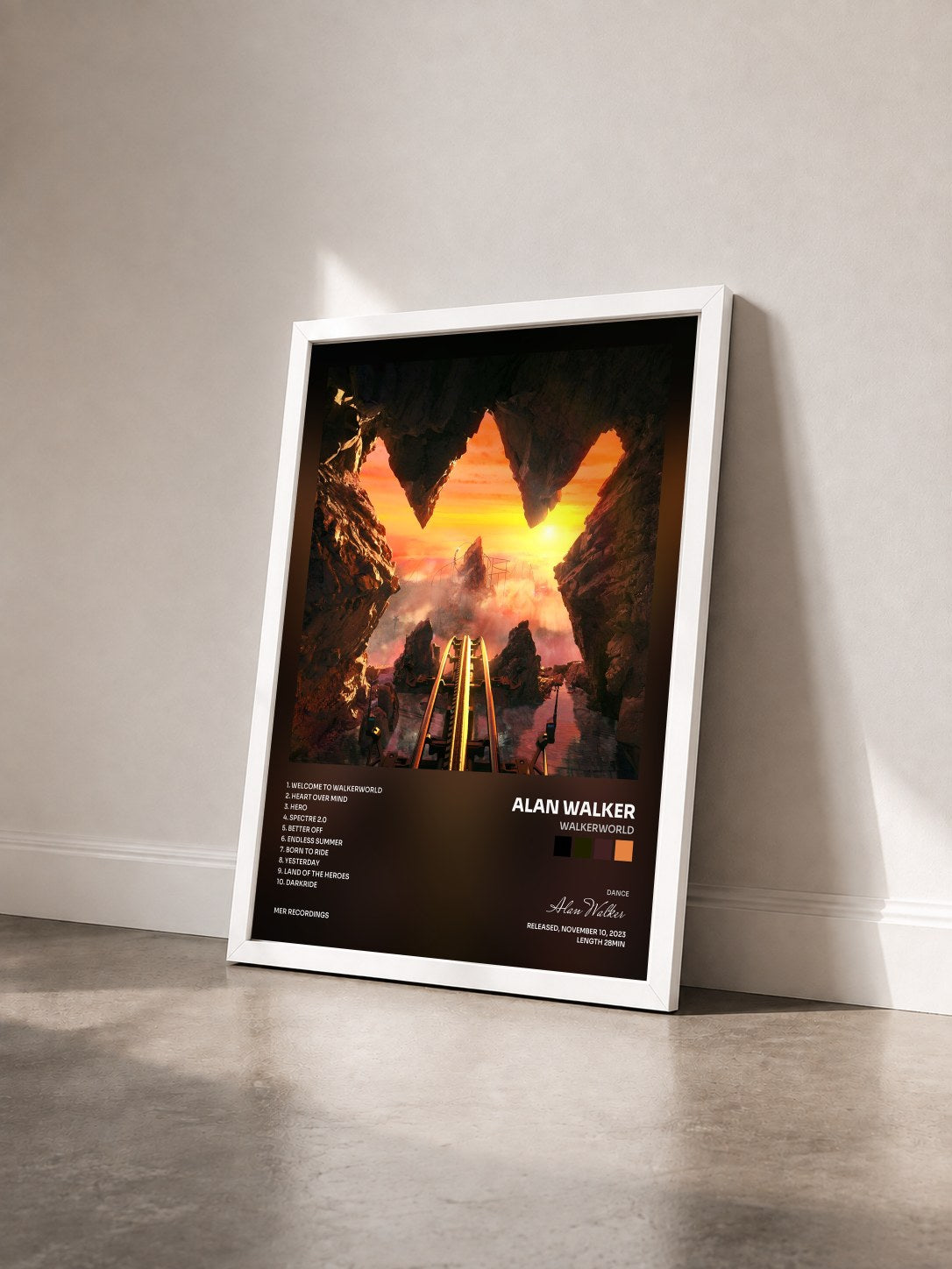 #blanc Tableau de l'album Walkerworld de Alan Walker vu de trois quarts, cadre blanc
