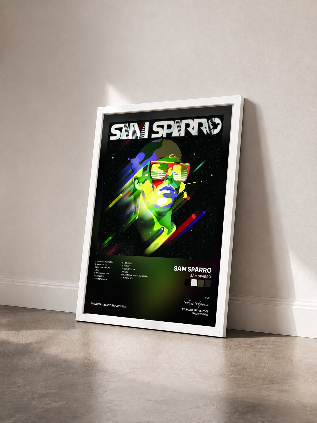#blanc Tableau de l'album Sam Sparro de Sam Sparro vu de trois quarts, cadre blanc