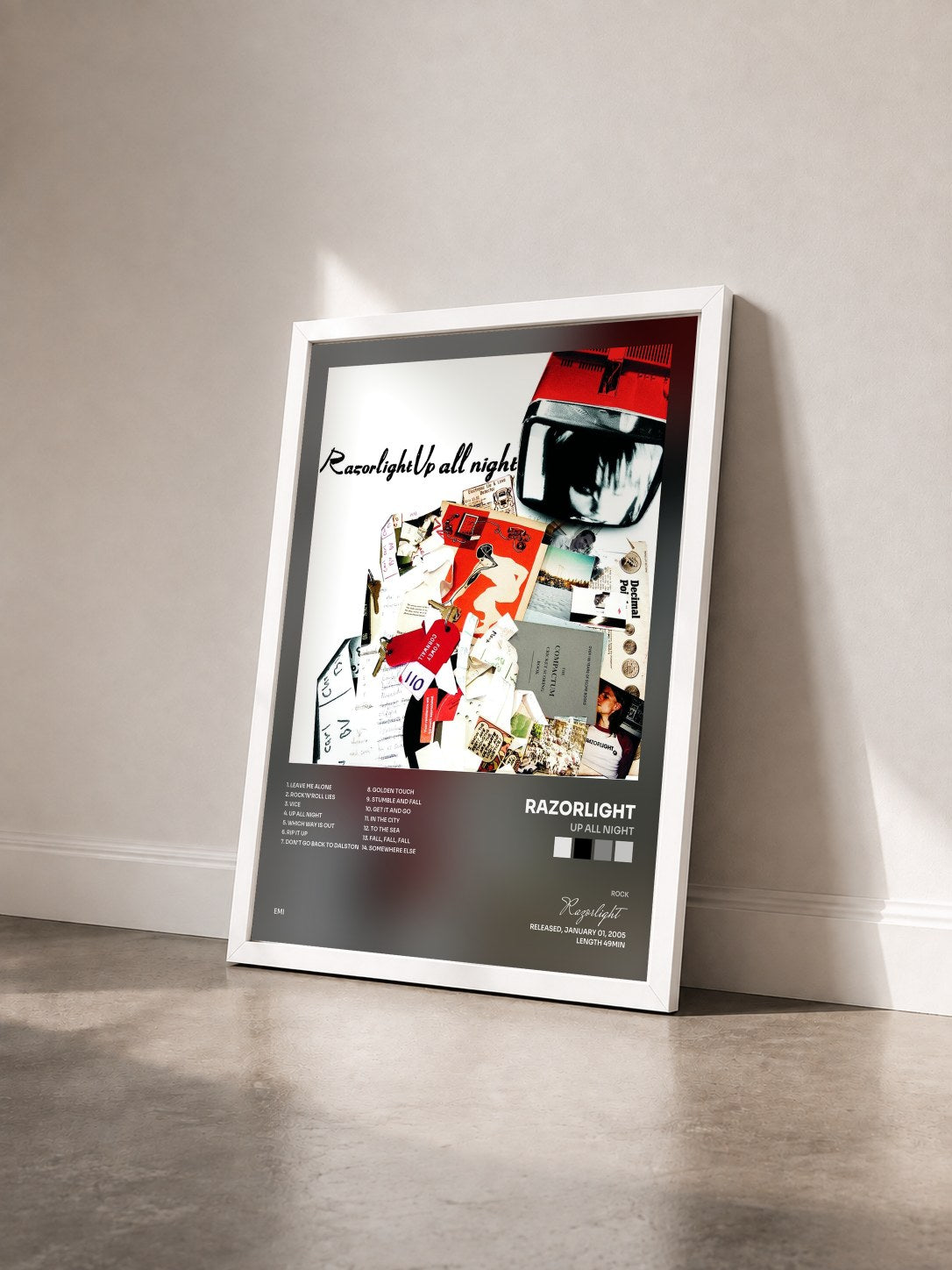 #blanc Tableau de l'album Up All Night de Razorlight vu de trois quarts, cadre blanc