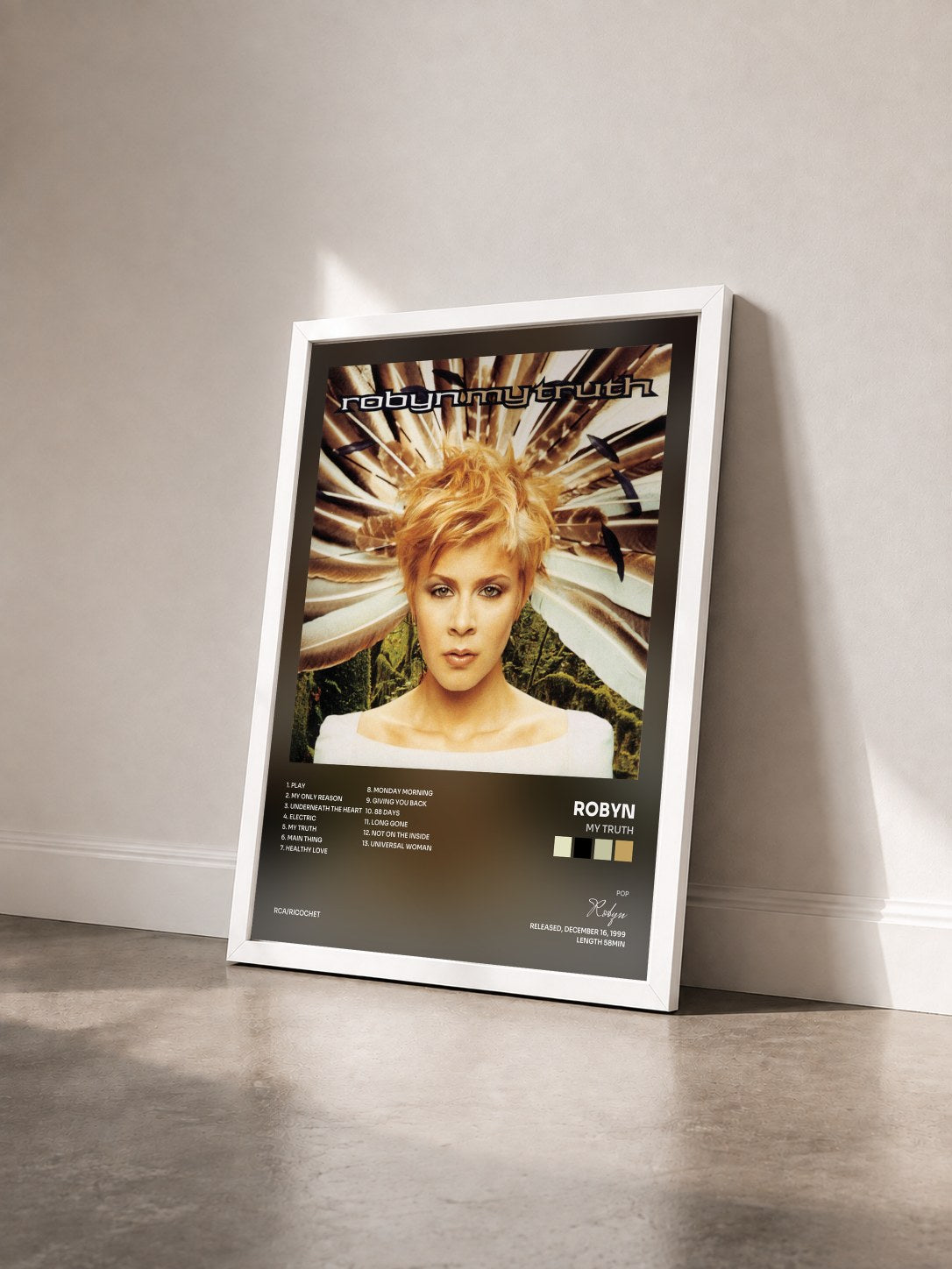 #blanc Tableau de l'album My Truth de Robyn vu de trois quarts, cadre blanc