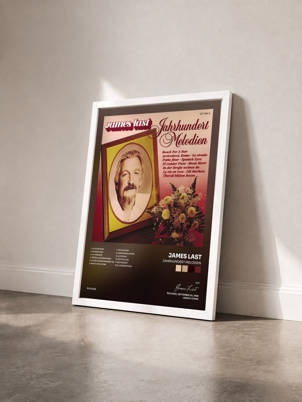 #blanc Jahrhundert Melodien by James Last as a framed art print seen at an angle, white frame