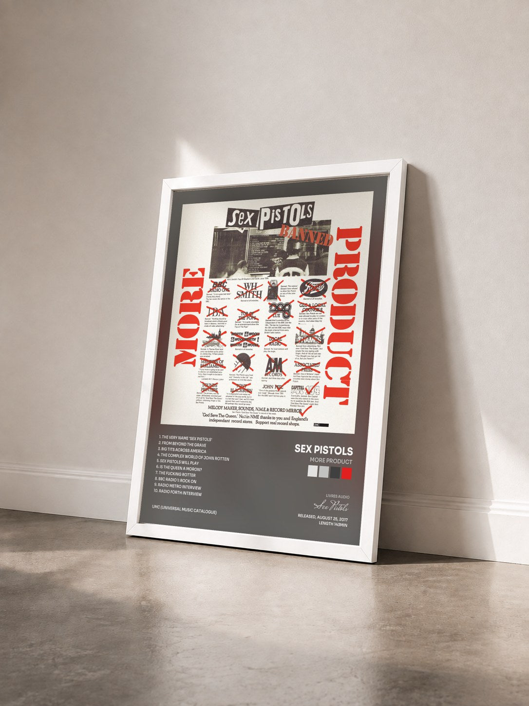 #blanc Tableau de l'album More Product de Sex Pistols vu de trois quarts, cadre blanc