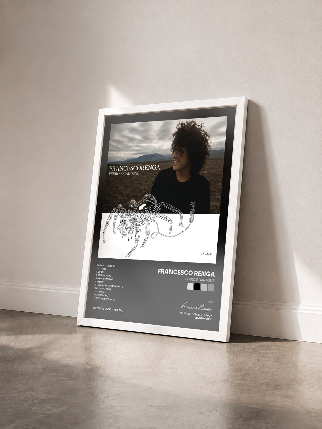 #blanc Tableau de l'album Ferro E Cartone de Francesco Renga vu de trois quarts, cadre blanc