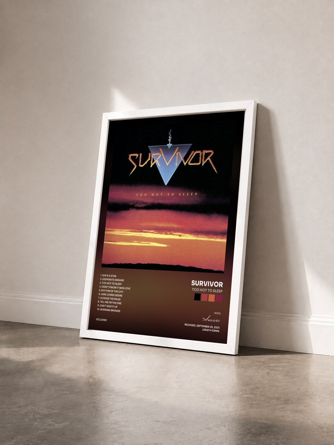 #blanc Tableau de l'album Too Hot to Sleep de Survivor vu de trois quarts, cadre blanc