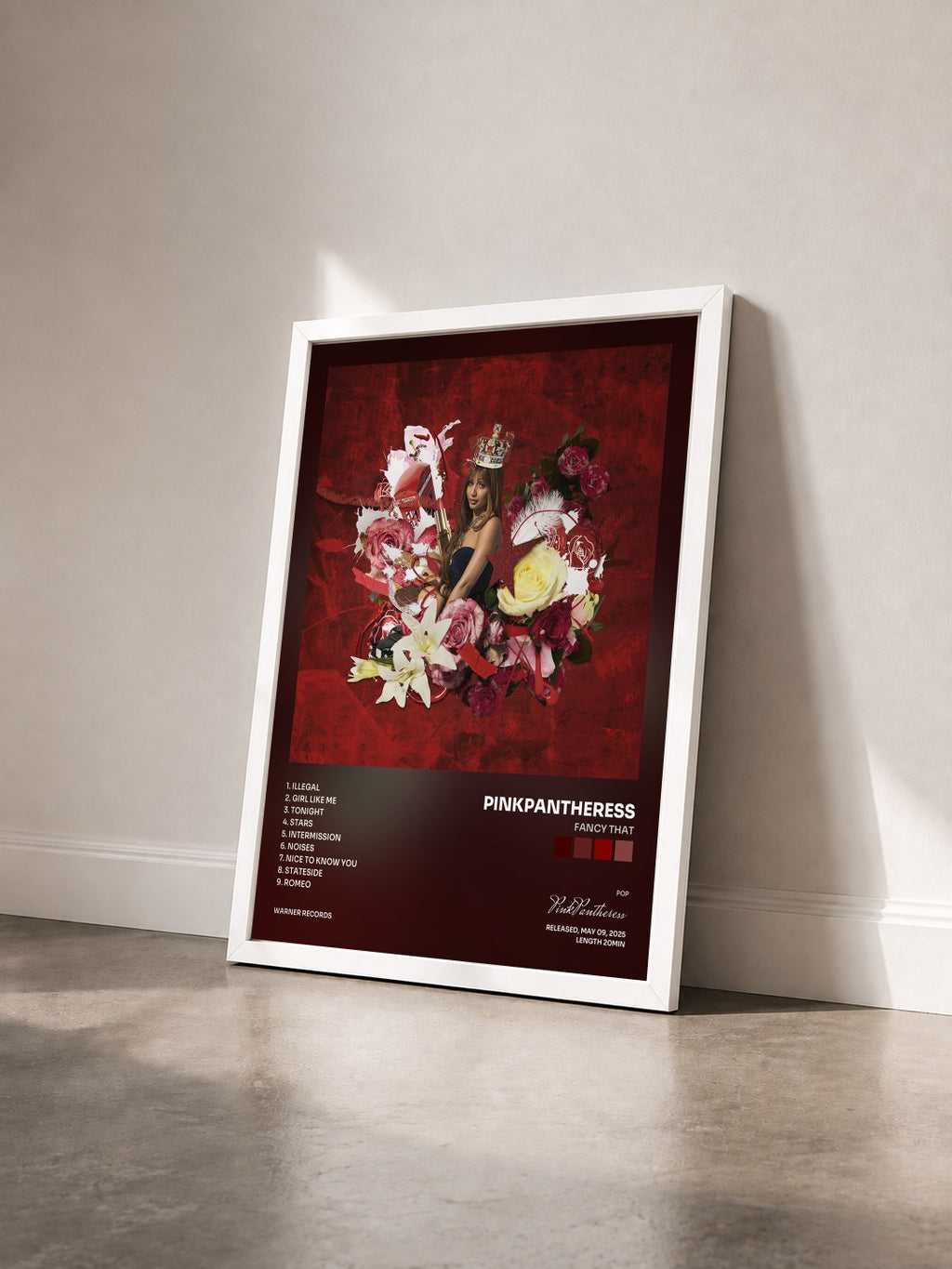 #blanc Tableau de l'album Fancy That de PinkPantheress vu de trois quarts, cadre blanc