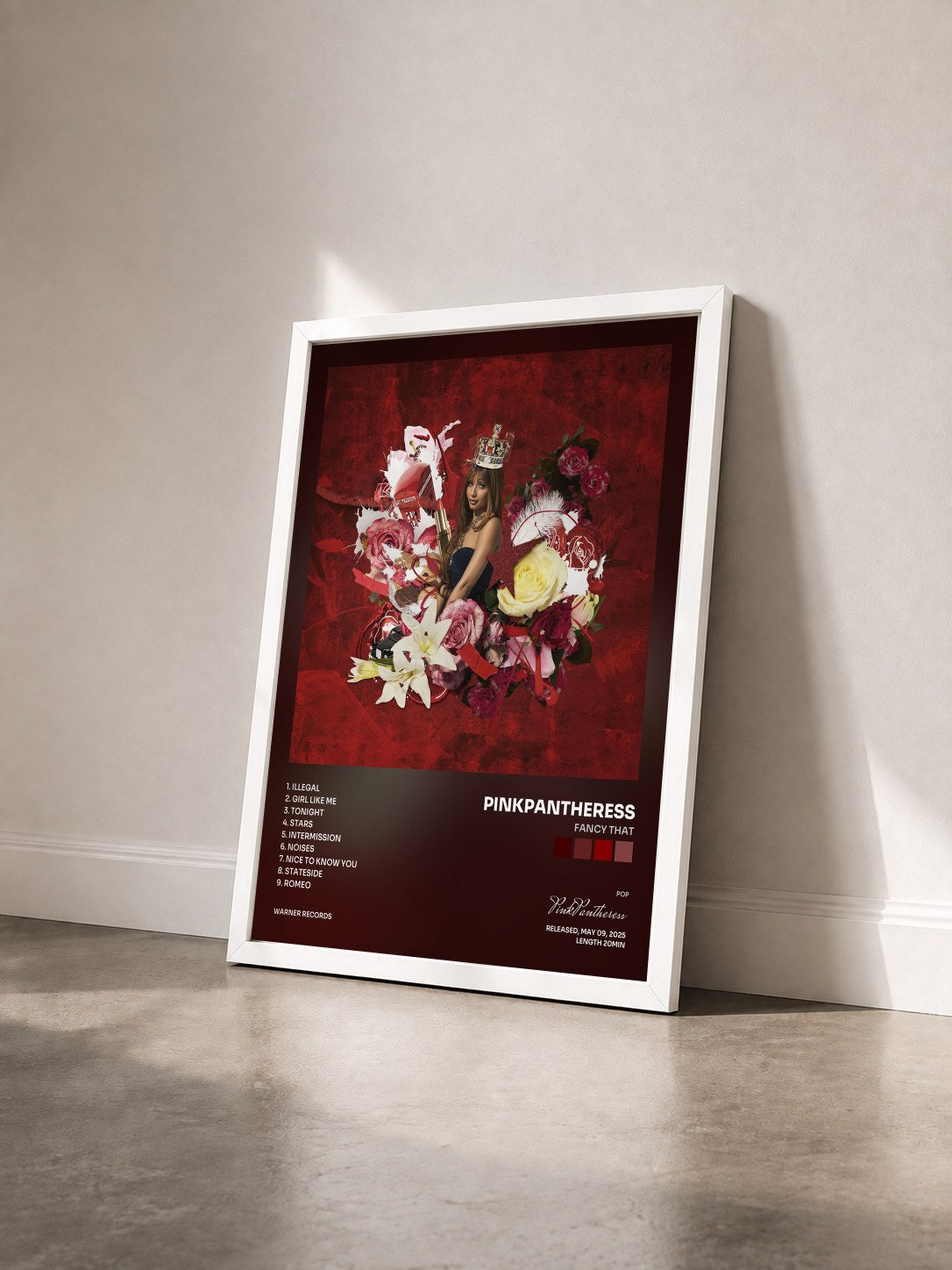 #blanc Tableau de l'album Fancy That de PinkPantheress vu de trois quarts, cadre blanc
