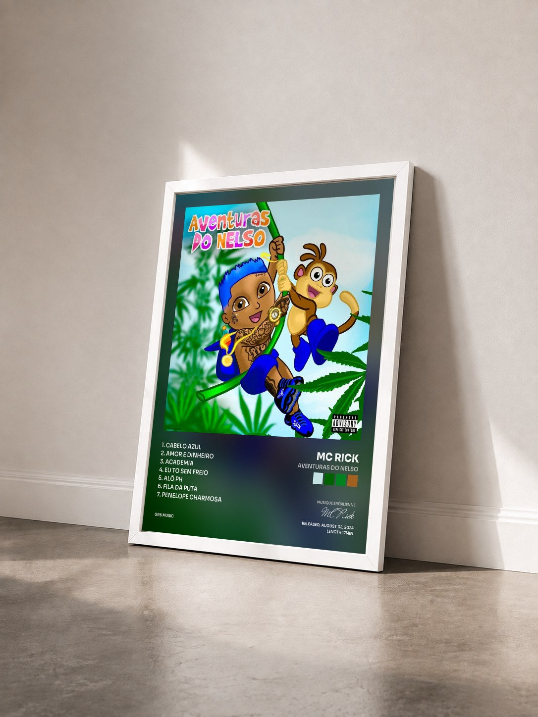 #blanc Tableau de l'album Aventuras Do Nelso de MC Rick vu de trois quarts, cadre blanc