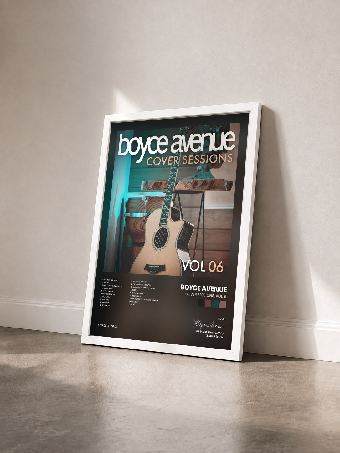 #blanc Tableau de l'album Cover Sessions, Vol. 6 de Boyce Avenue vu de trois quarts, cadre blanc