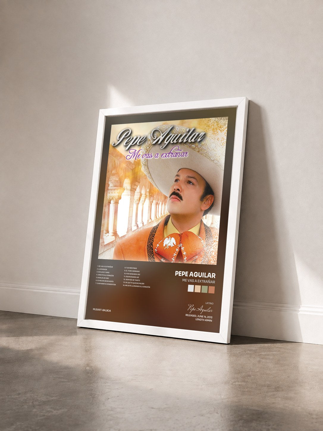 #blanc Tableau de l'album Me Vas A Extrañar de Pepe Aguilar vu de trois quarts, cadre blanc