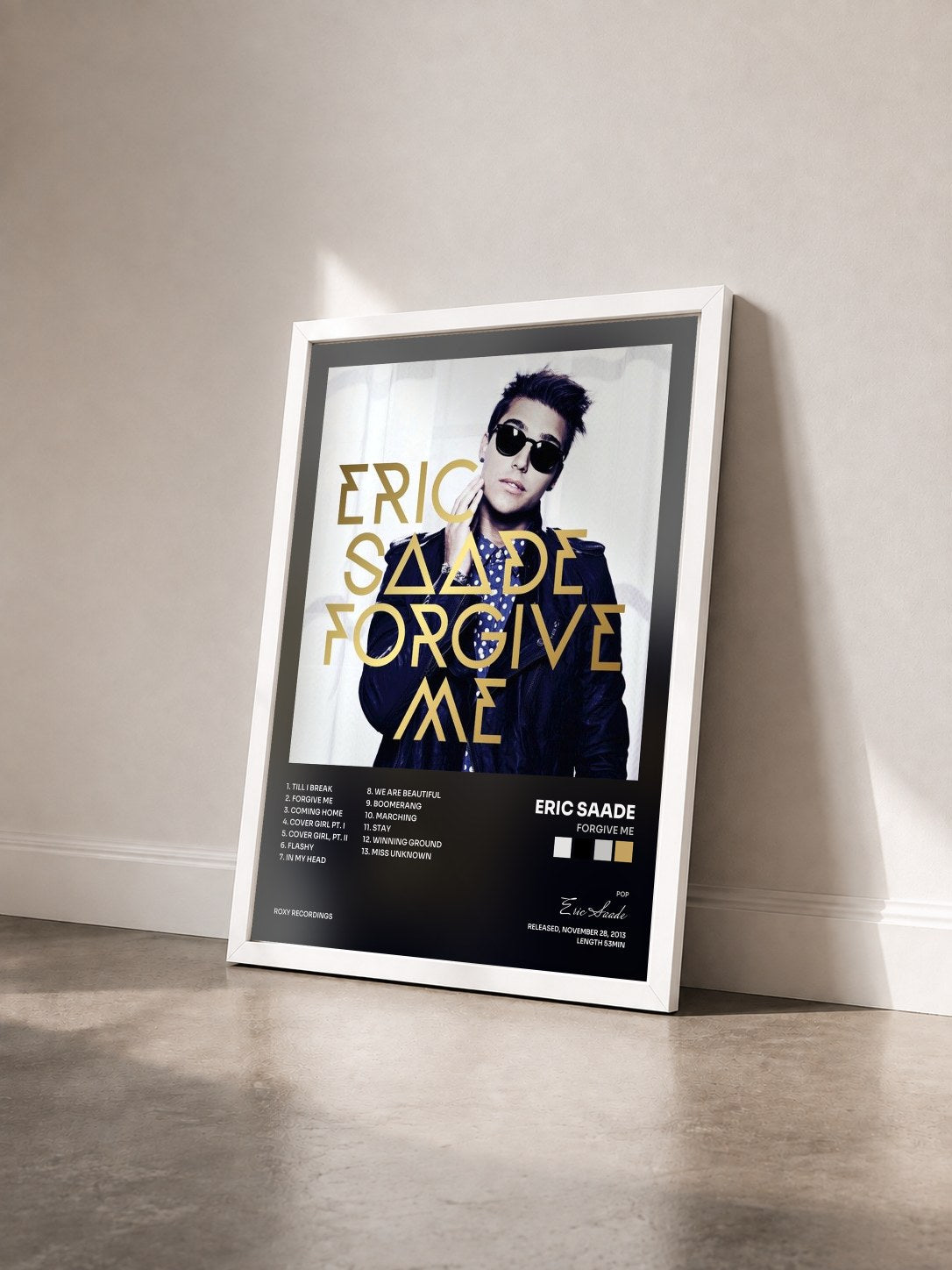 #blanc Tableau de l'album Forgive Me de Eric Saade vu de trois quarts, cadre blanc