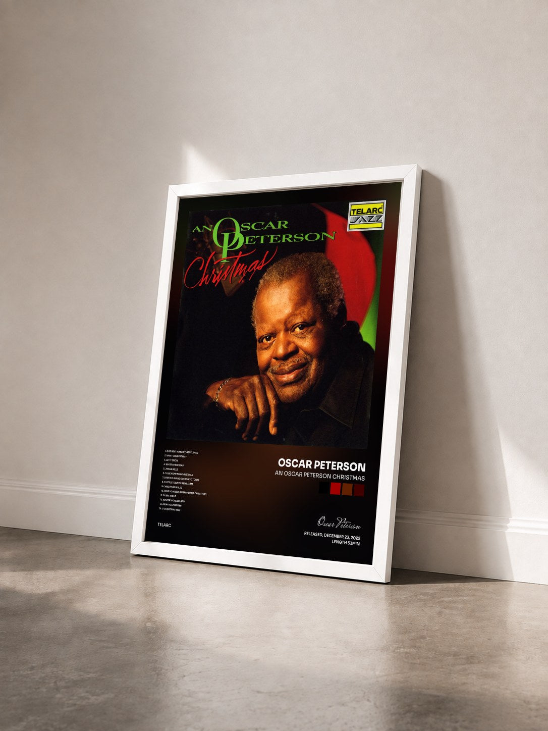 #blanc Tableau de l'album An Oscar Peterson Christmas de Oscar Peterson vu de trois quarts, cadre blanc