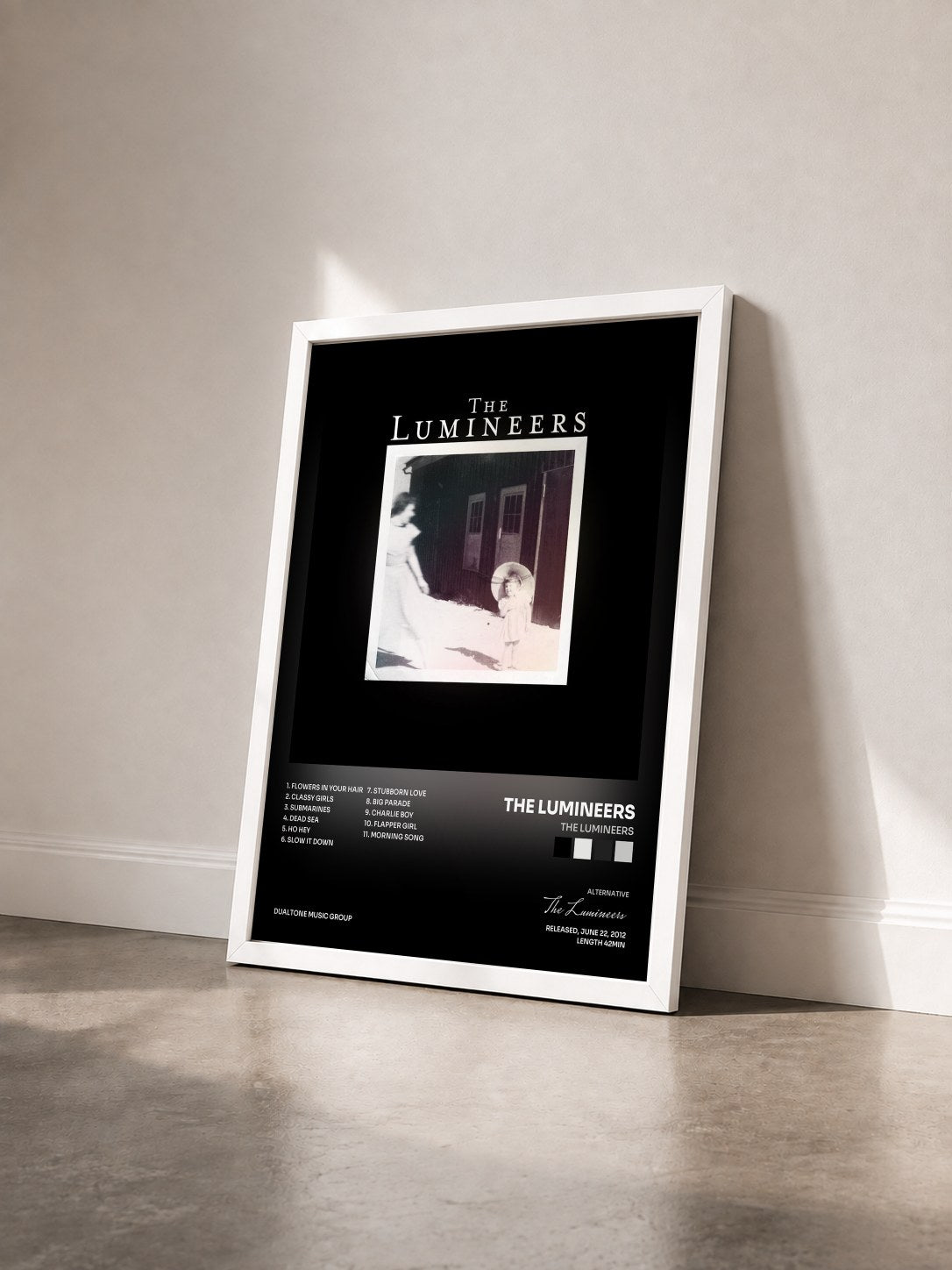 #blanc Tableau de l'album The Lumineers de The Lumineers vu de trois quarts, cadre blanc