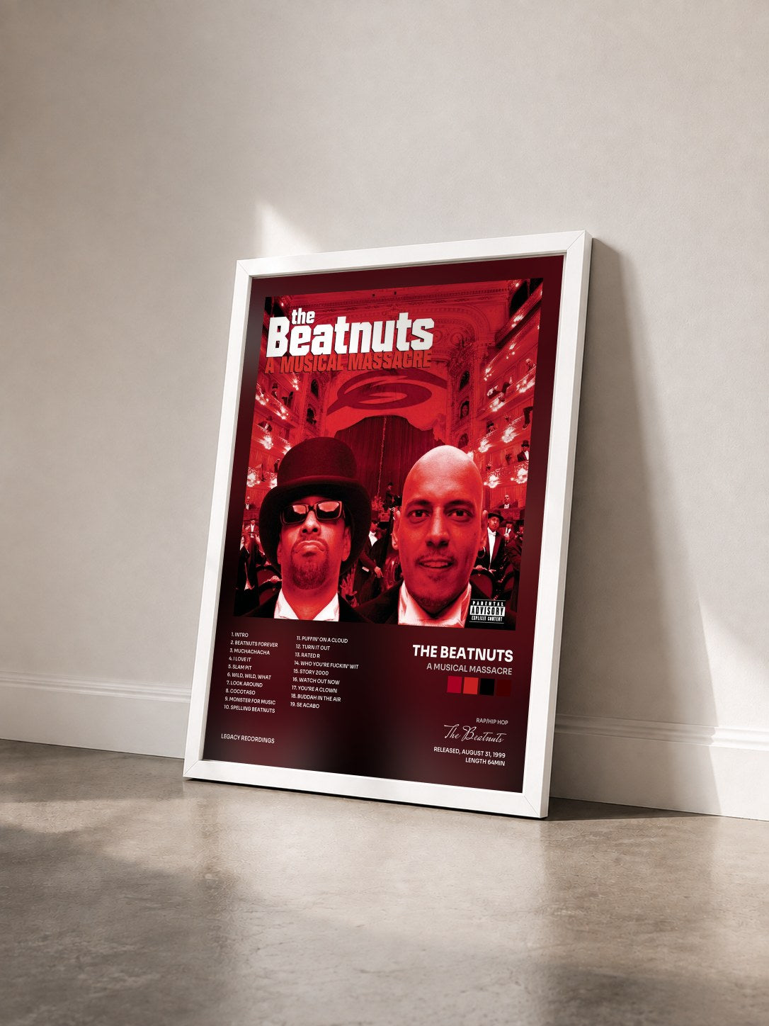 #blanc Tableau de l'album A Musical Massacre de The Beatnuts vu de trois quarts, cadre blanc