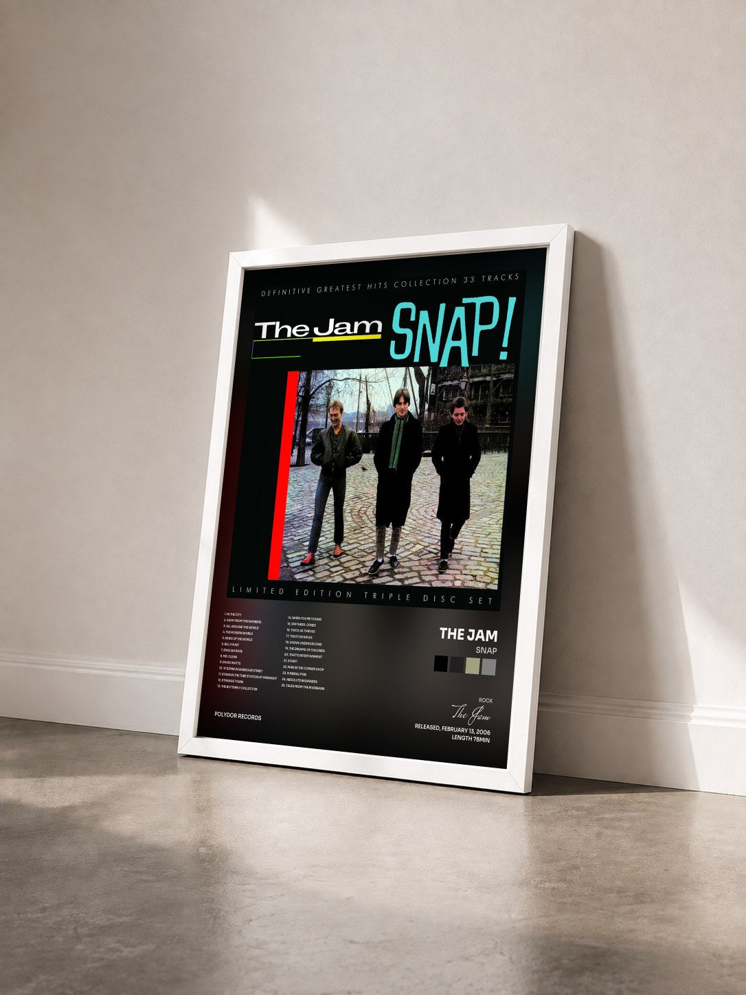 #blanc Tableau de l'album Snap de The Jam vu de trois quarts, cadre blanc