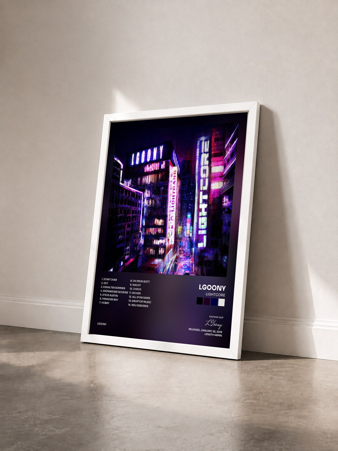 #blanc Tableau de l'album Lightcore de LGoony vu de trois quarts, cadre blanc