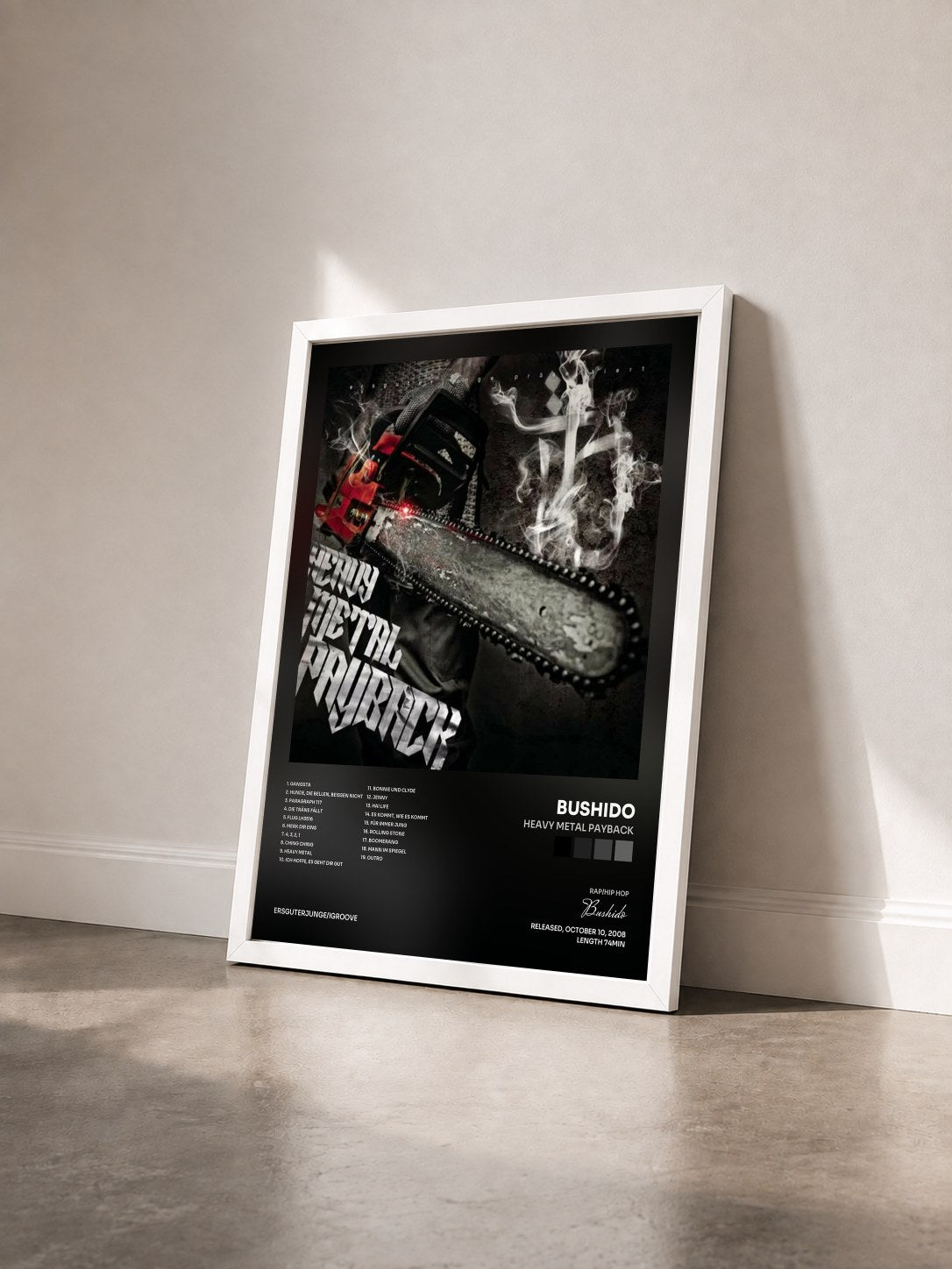 #blanc Tableau de l'album Heavy Metal Payback de Bushido vu de trois quarts, cadre blanc