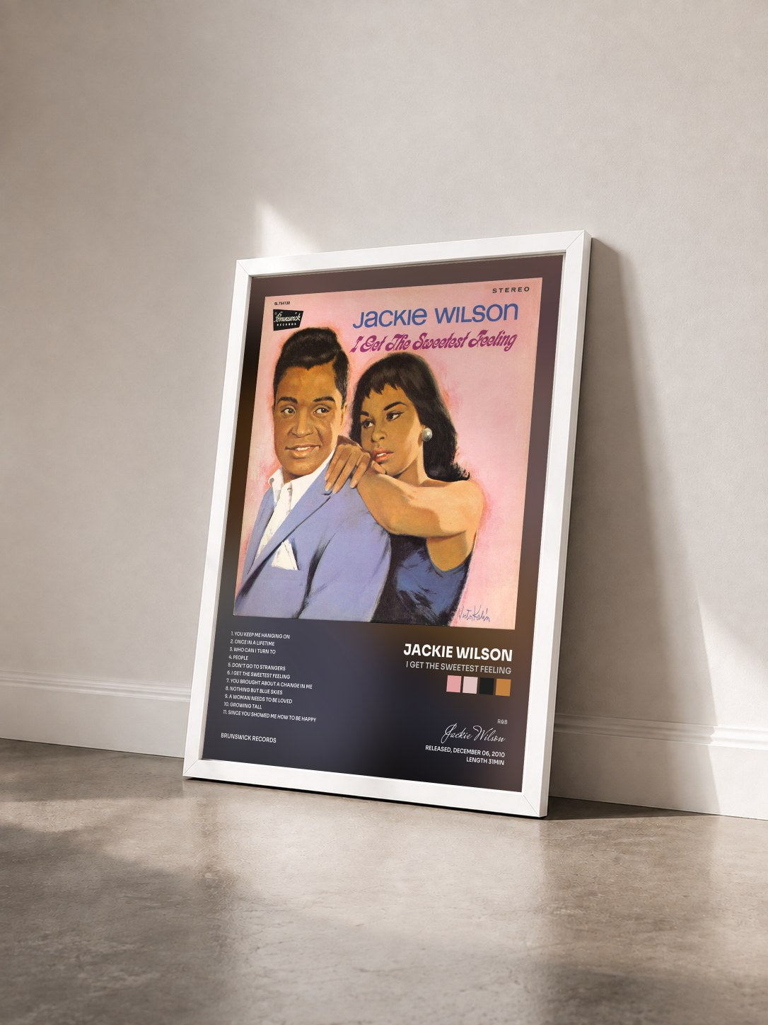 #blanc Tableau de l'album I Get The Sweetest Feeling de Jackie Wilson vu de trois quarts, cadre blanc