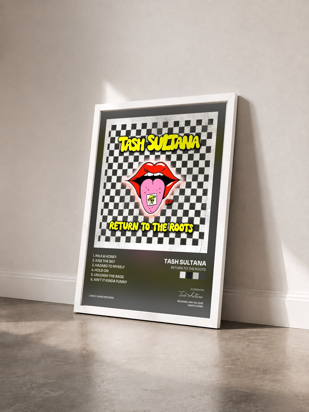 #blanc Return to the Roots by Tash Sultana as a framed art print seen at an angle, white frame