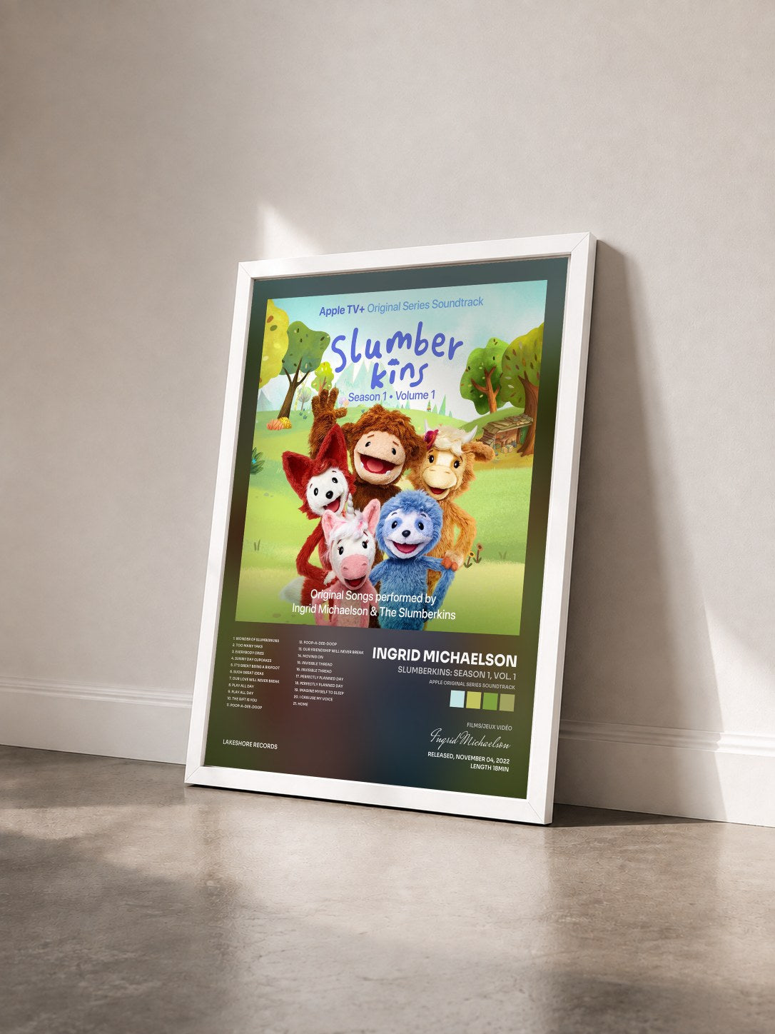 #blanc Tableau de l'album Slumberkins: Season 1, Vol. 1 (Apple Original Series Soundtrack) de Ingrid Michaelson vu de trois quarts, cadre blanc