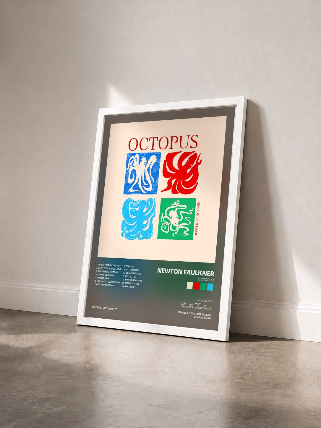 #blanc Tableau de l'album OCTOPUS de Newton Faulkner vu de trois quarts, cadre blanc