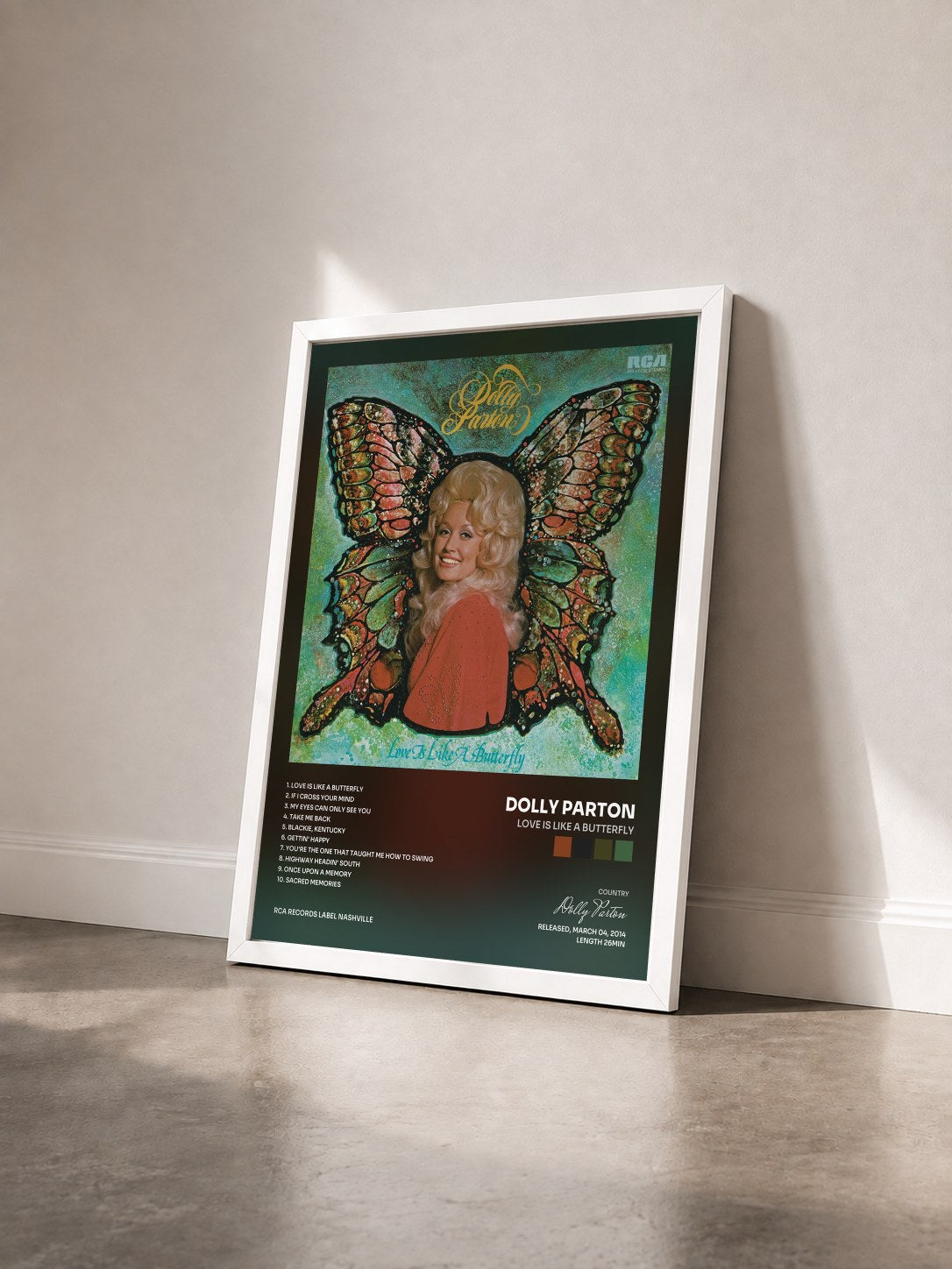#blanc Tableau de l'album Love Is Like a Butterfly de Dolly Parton vu de trois quarts, cadre blanc