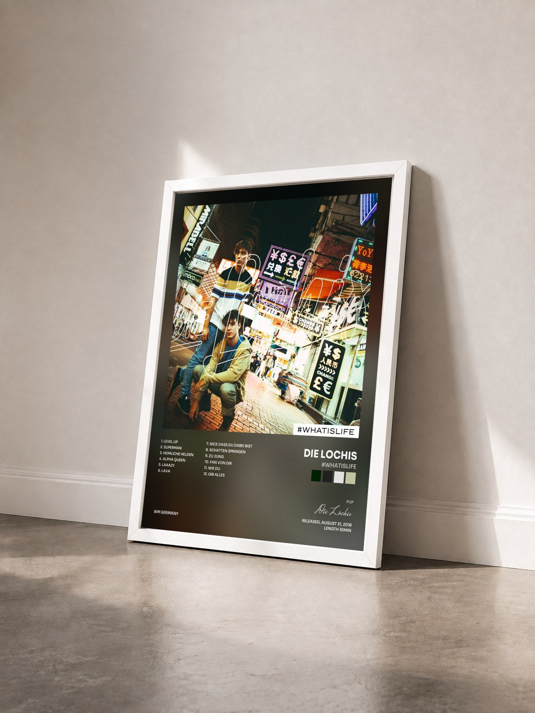 #blanc Tableau de l'album #whatislife de Die Lochis vu de trois quarts, cadre blanc
