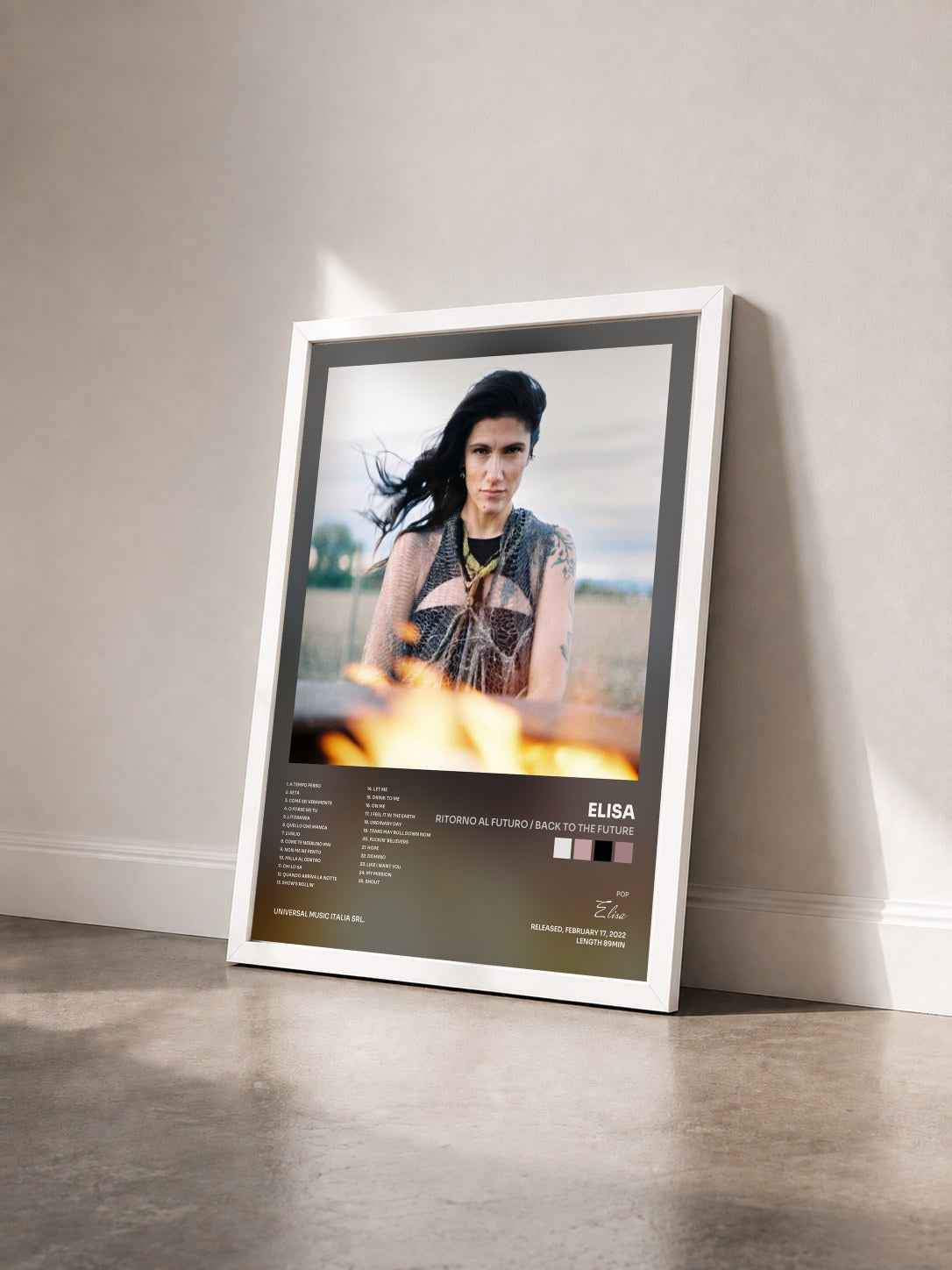 #blanc Tableau de l'album Ritorno Al Futuro / Back To The Future de Elisa vu de trois quarts, cadre blanc